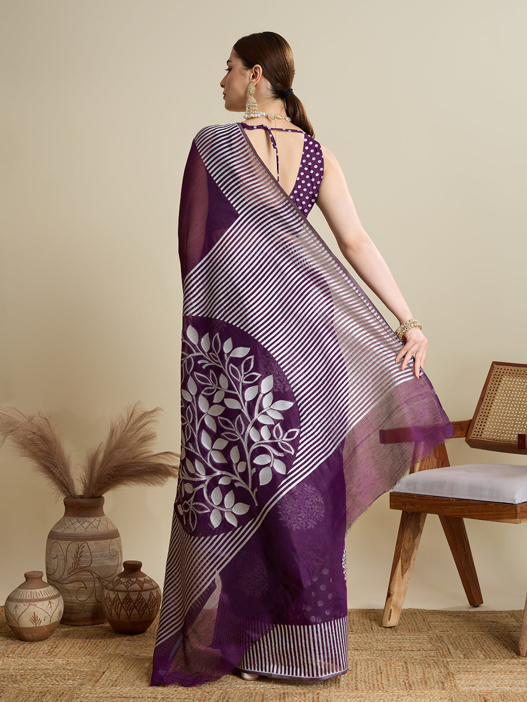 Purple Soft Silk Woven Flower Designer Stylish Partywear Saree
