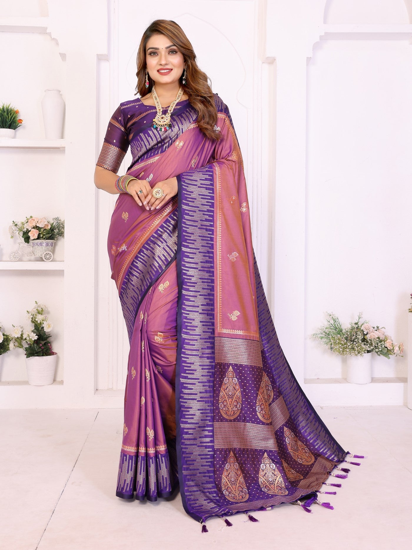 Purple South Soft Silk Saree With Traditional Zari Weaving