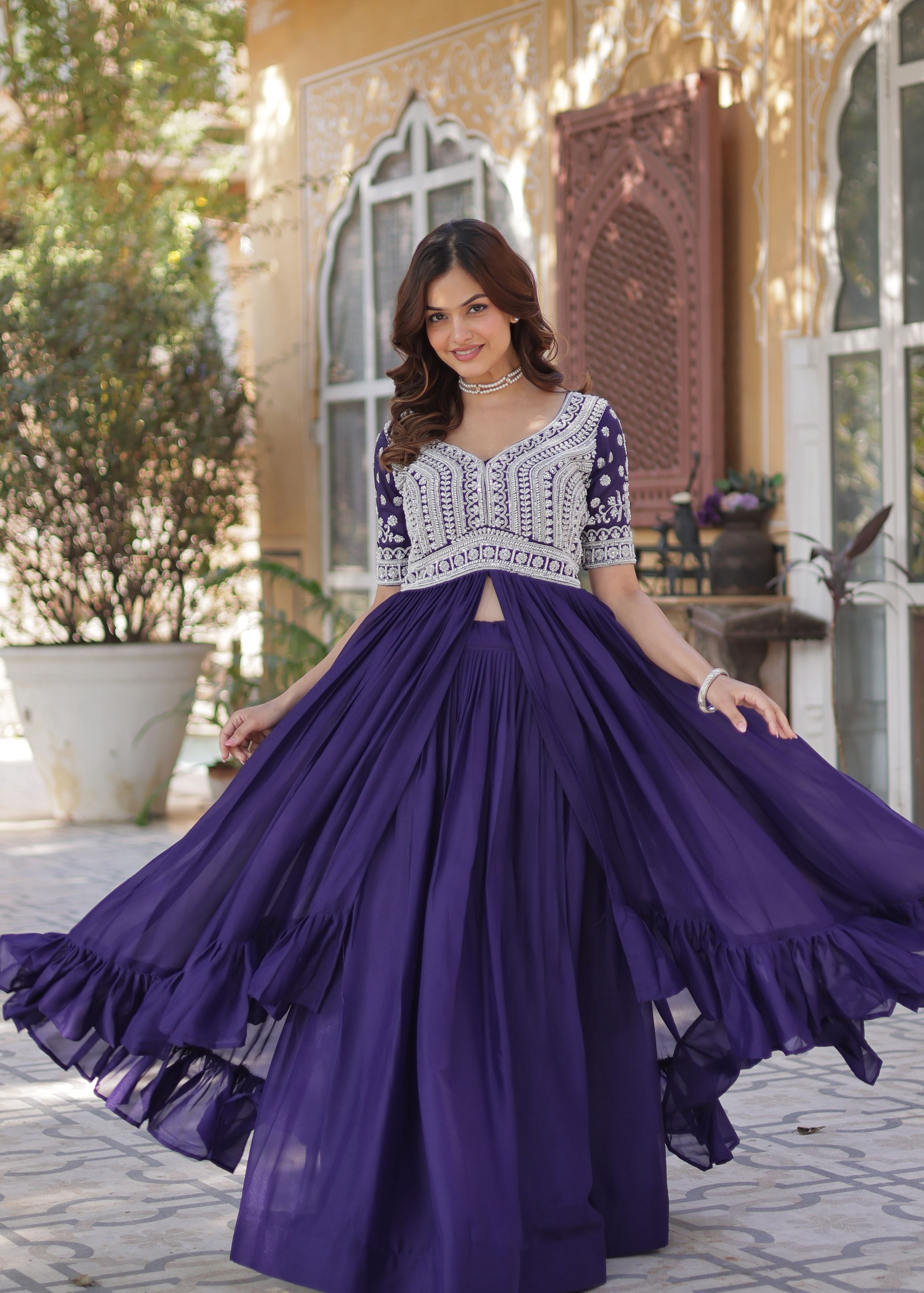 Purple Star Georgette Gown With Embroidery Beads Sequins-work