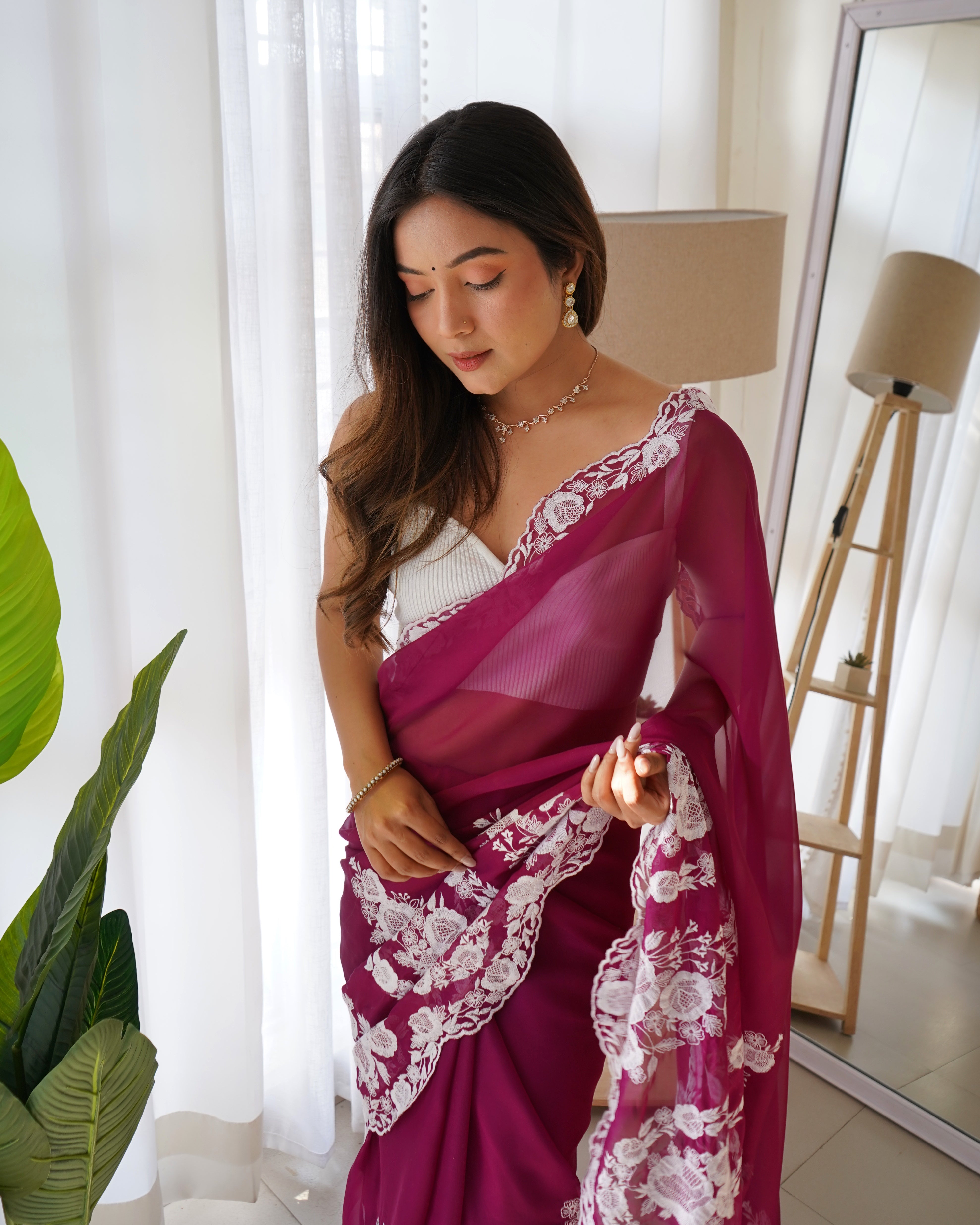 Purple Thai Organza Silk Fancy Thread Embroidery With Cut Dana Work Saree