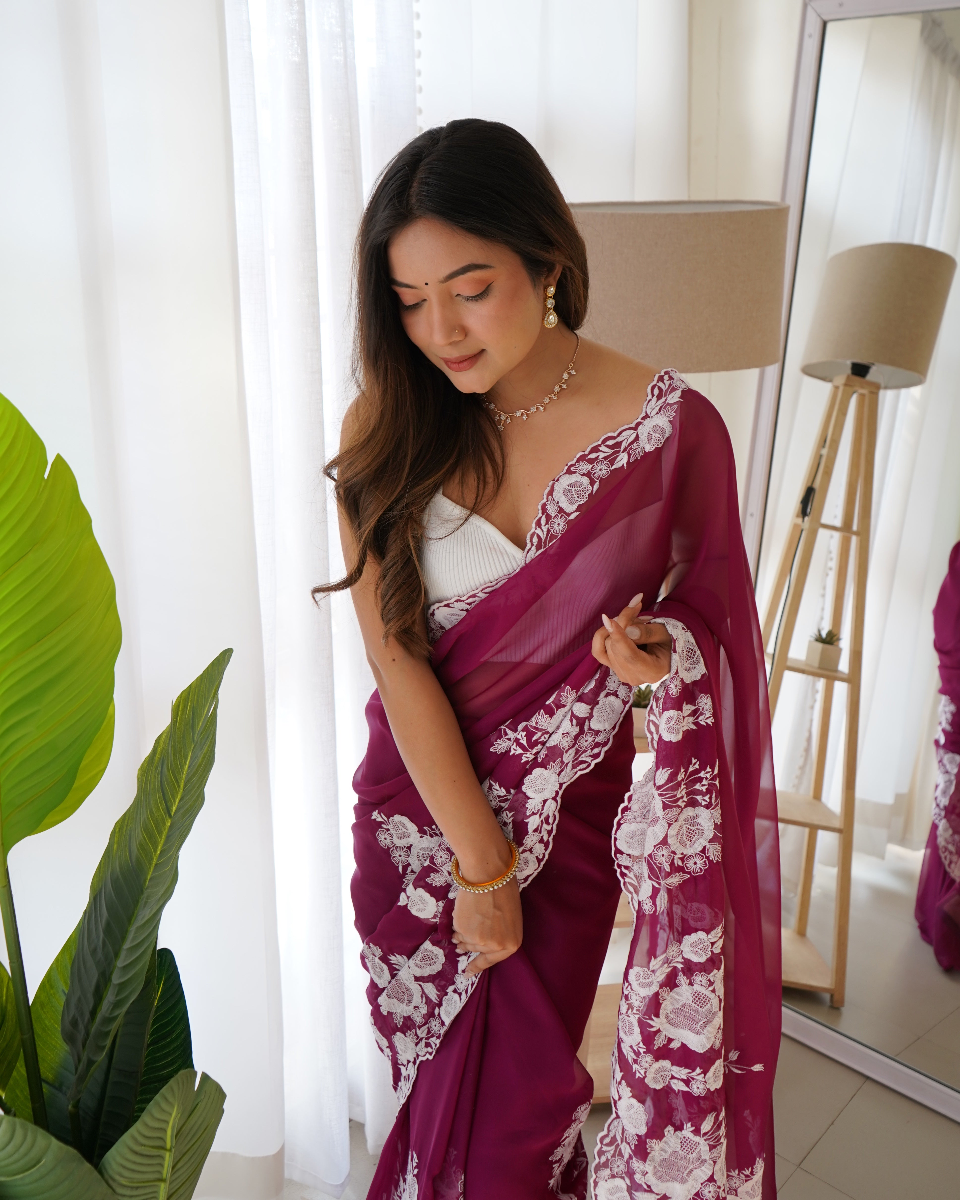 Purple Thai Organza Silk Fancy Thread Embroidery With Cut Dana Work Saree