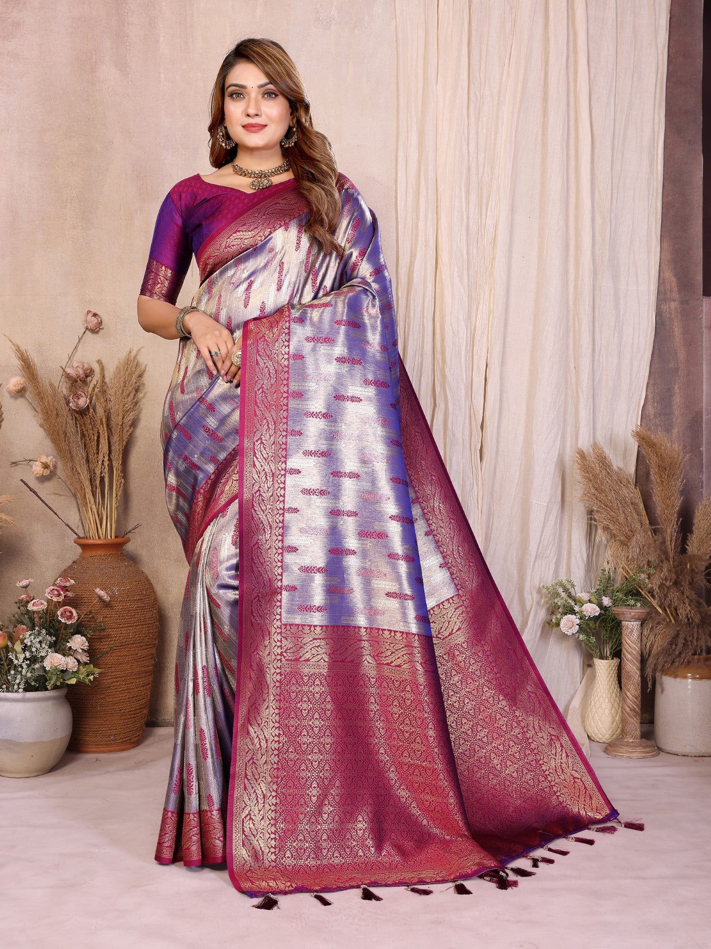 Purple Tissue Silk Saree With Paithani Woven