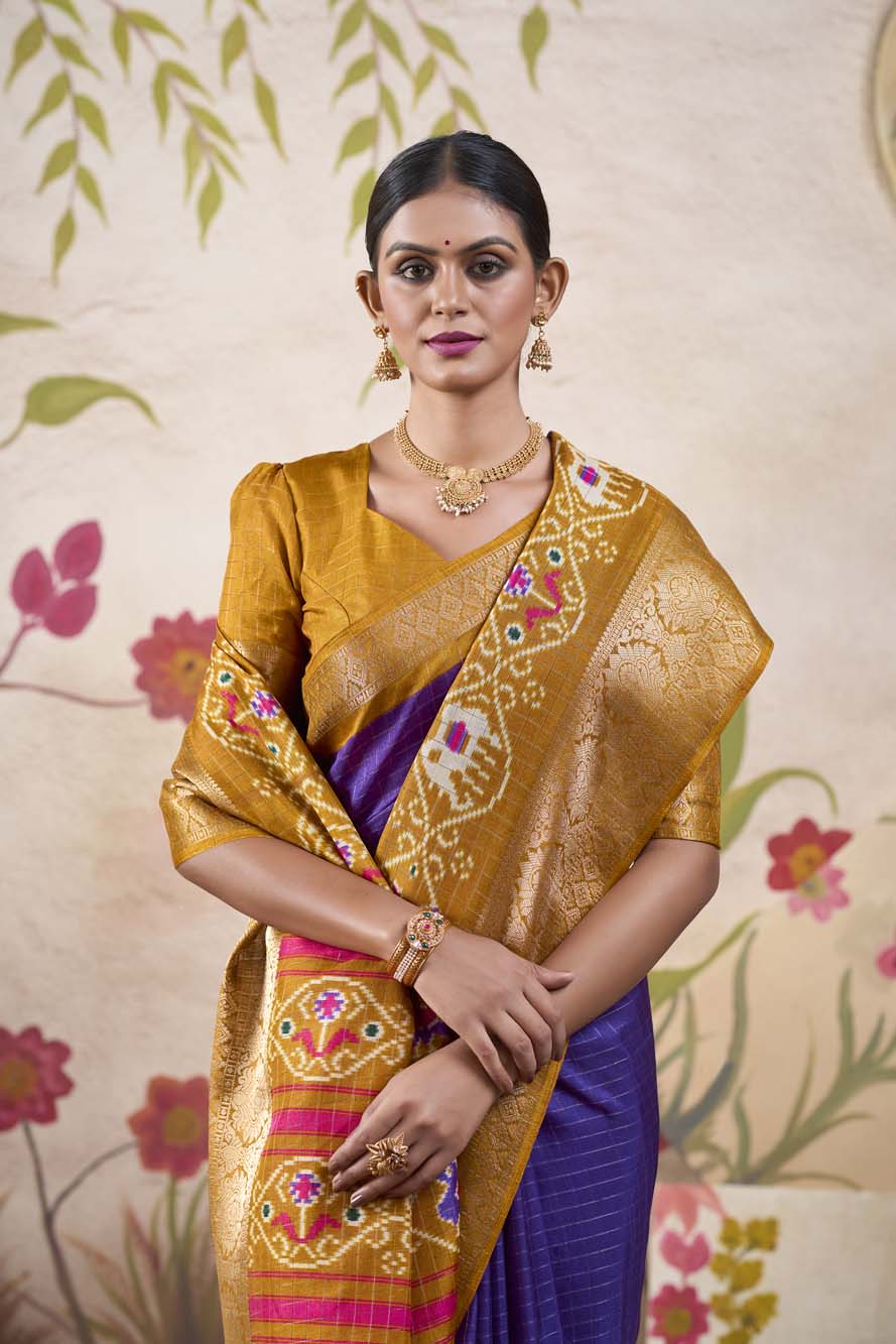 Purple Tussar Chex Saree with Patola Print & Weaving Border