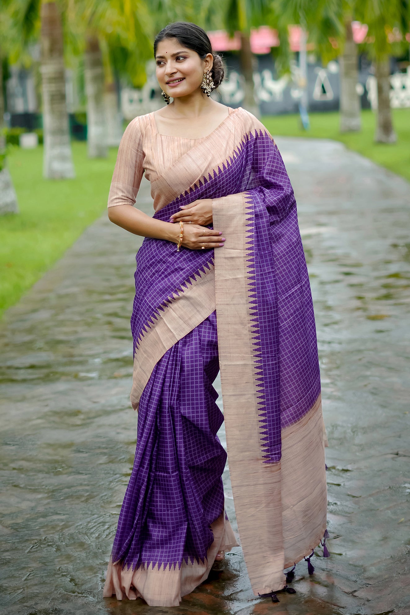 Purple Tussar Silk Saree with Checks and Contrast Pallu
