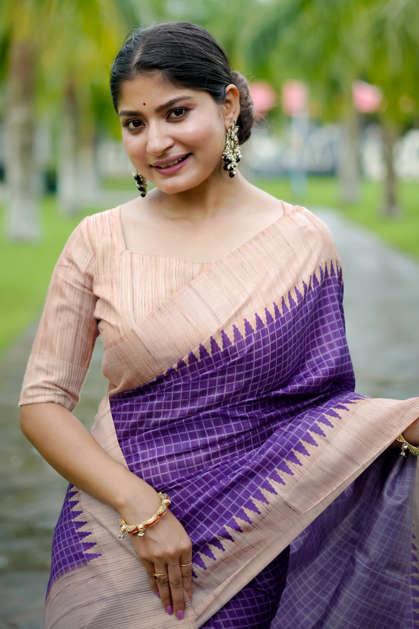 Purple Tussar Silk Saree with Checks and Contrast Pallu