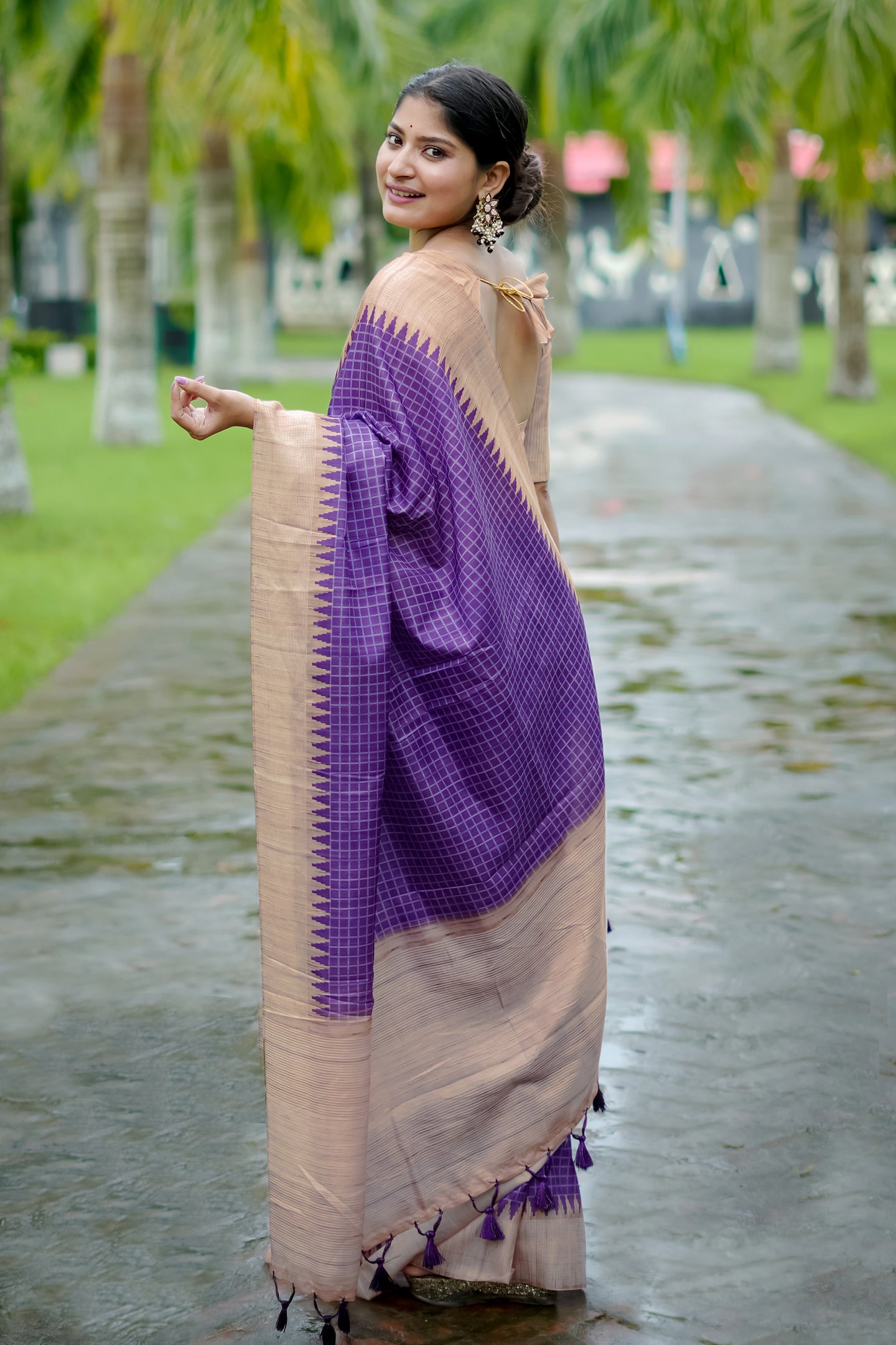 Purple Tussar Silk Saree with Checks and Contrast Pallu