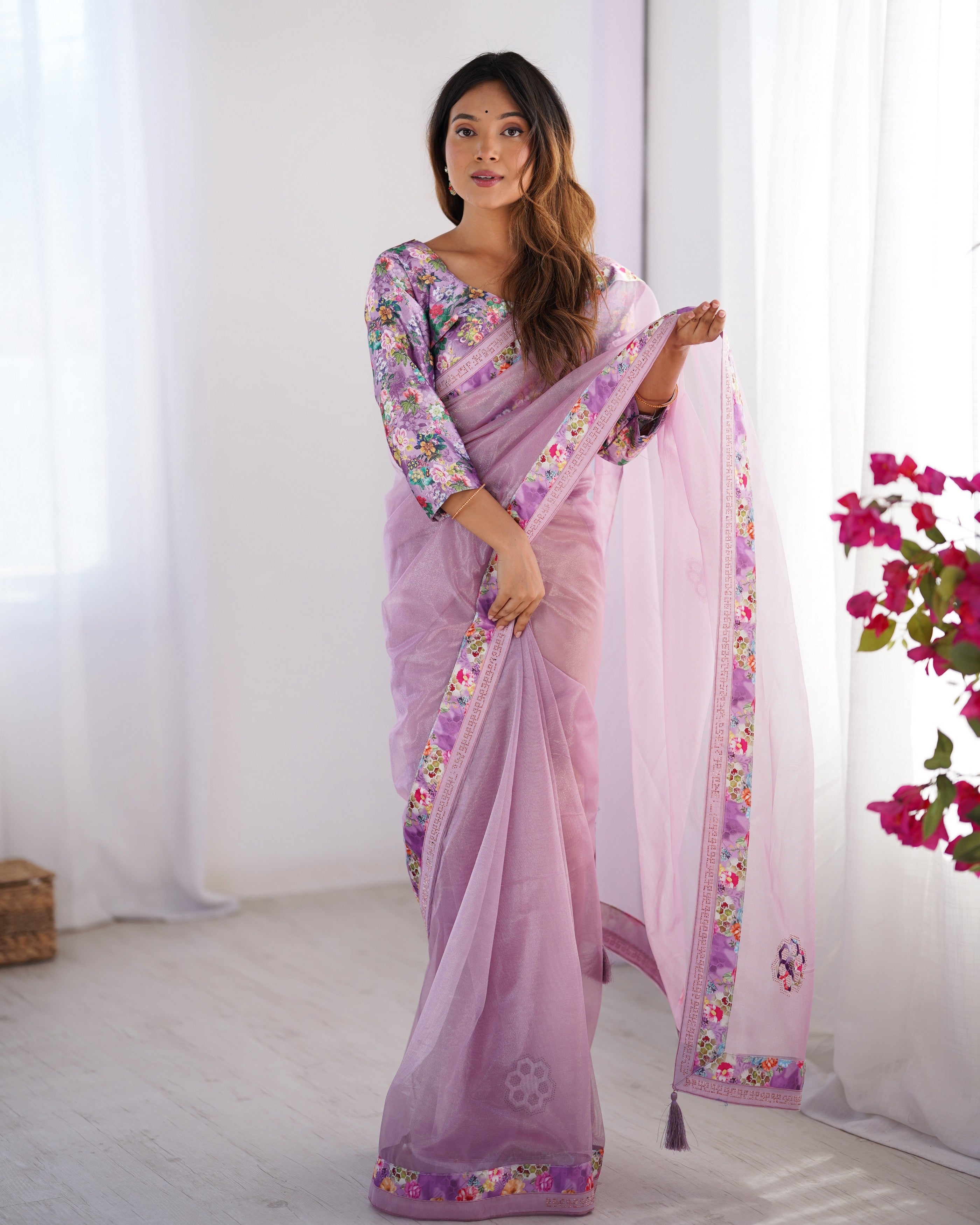Purple Twill Net Designer Printed With Swarovski Work Partywear Saree