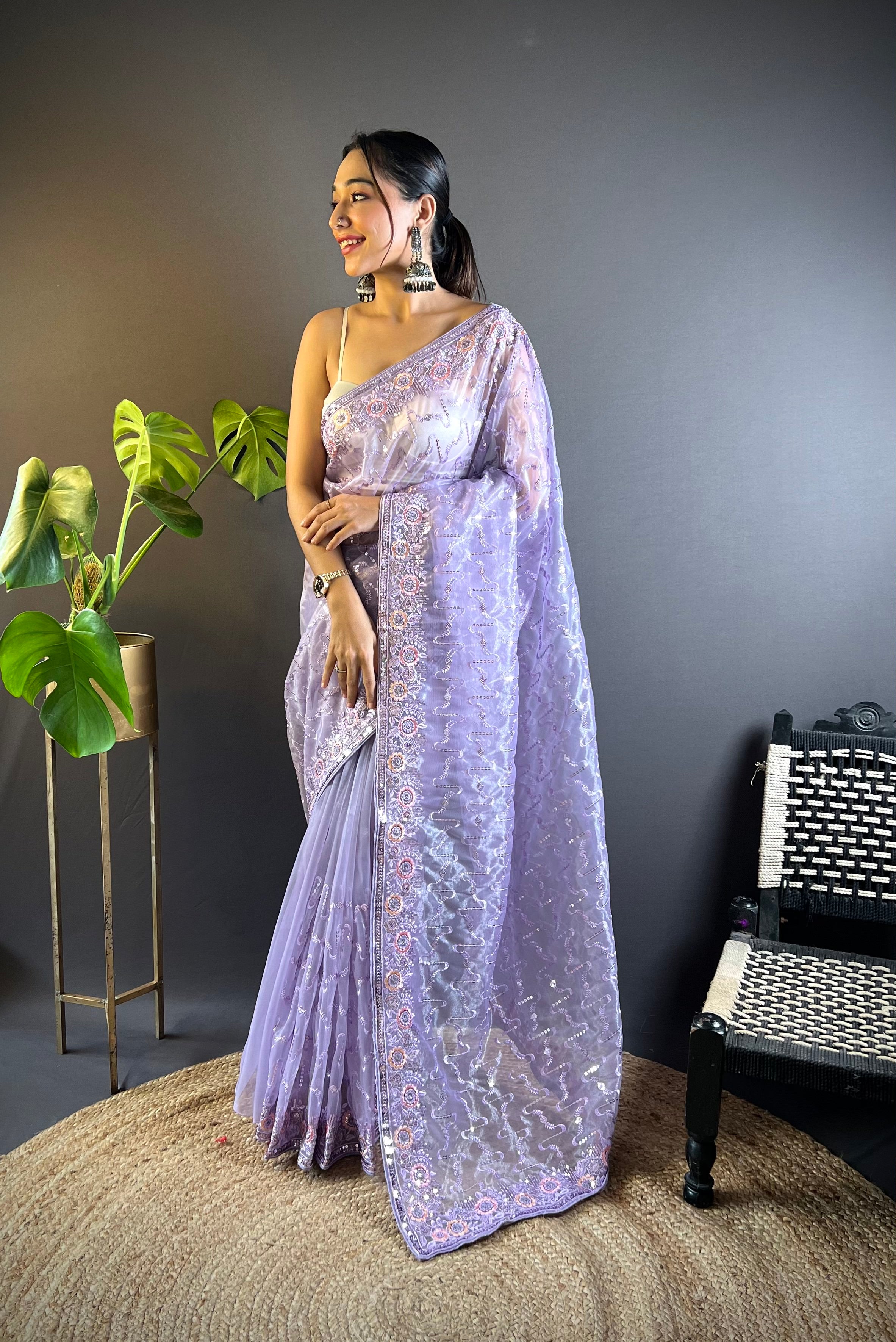 Purple Twill Net Fabric Designer Girlie Saree With Trendy Embroidered Saree