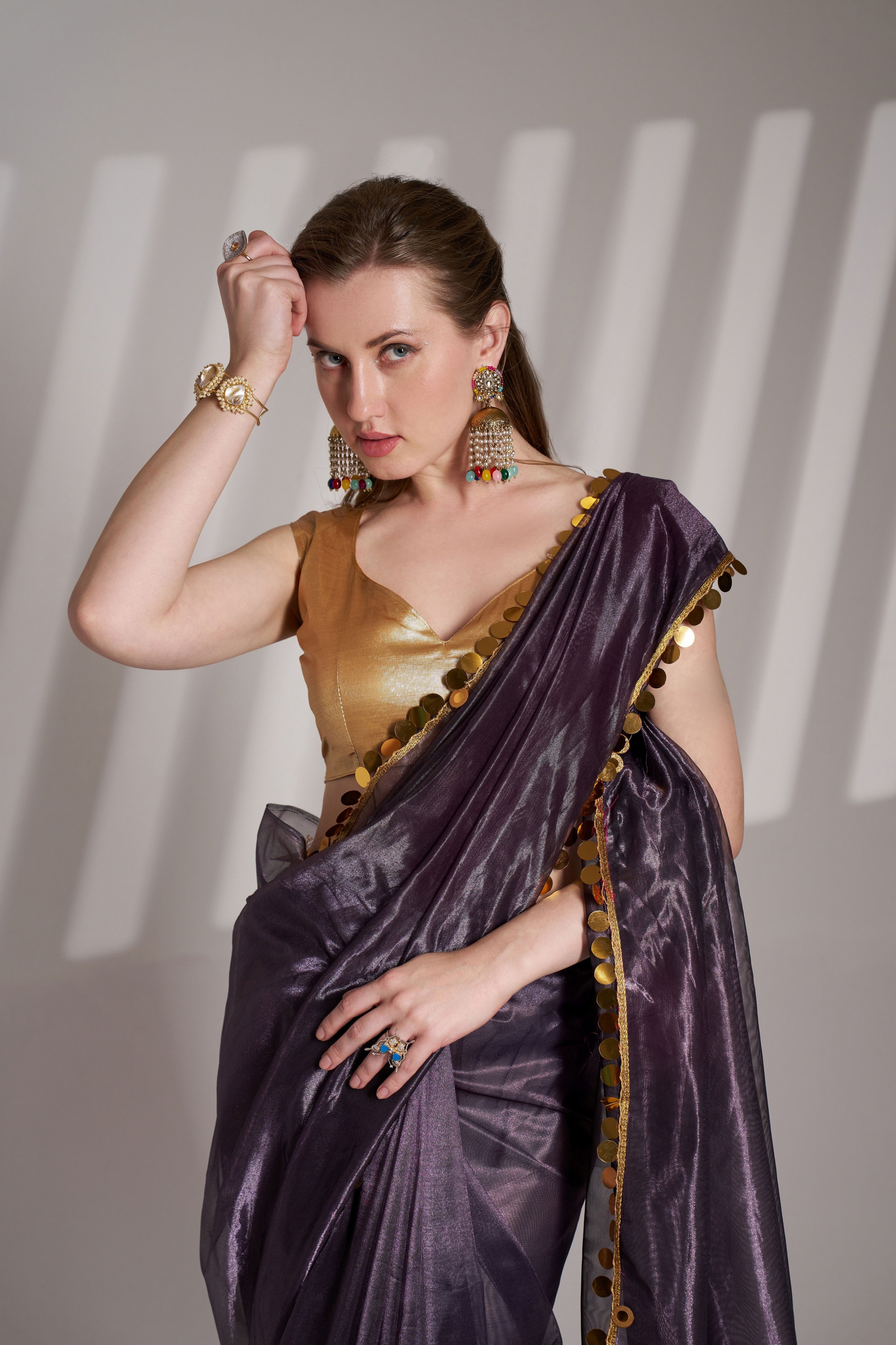 Purple Twill Net Solid Fancy Designer Bollywood Style Saree