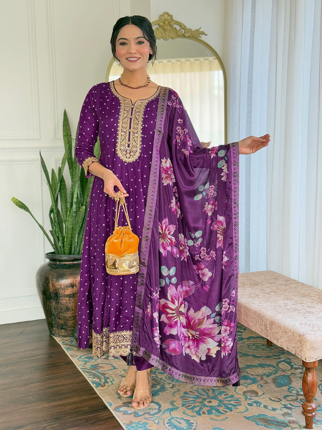 Purple Vichitra Silk Elegant Kurta Pant Set With Embroidery Work