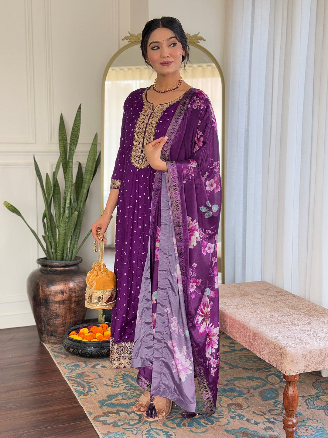 Purple Vichitra Silk Elegant Kurta Pant Set With Embroidery Work