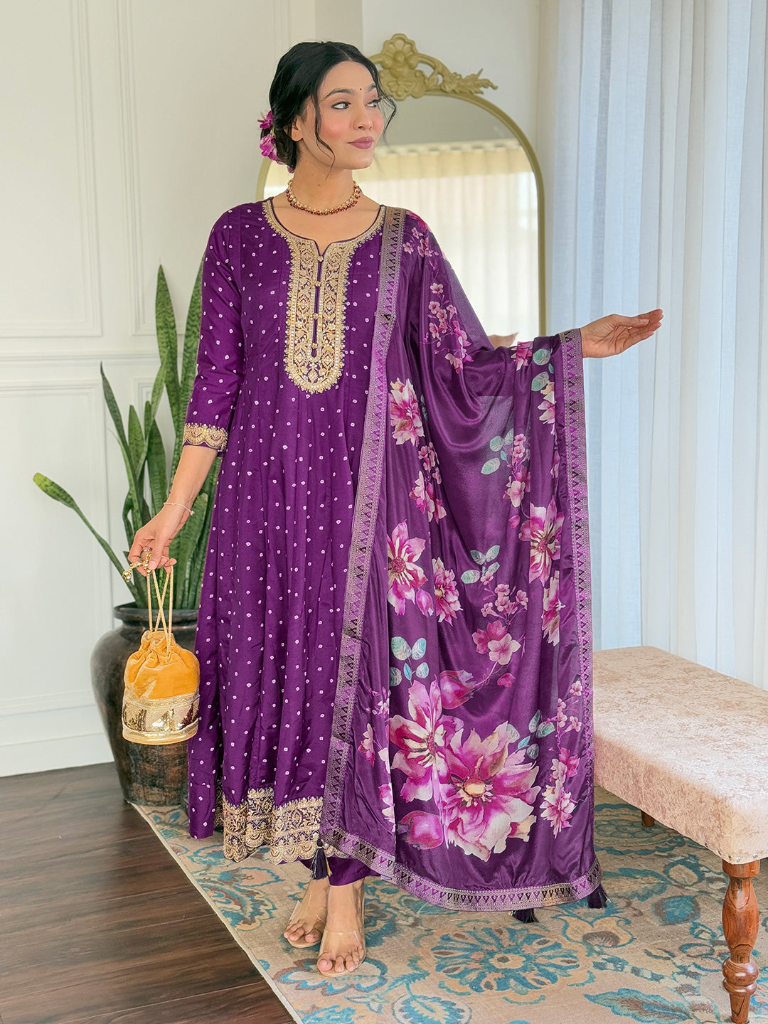 Purple Vichitra Silk Elegant Kurta Pant Set With Embroidery Work