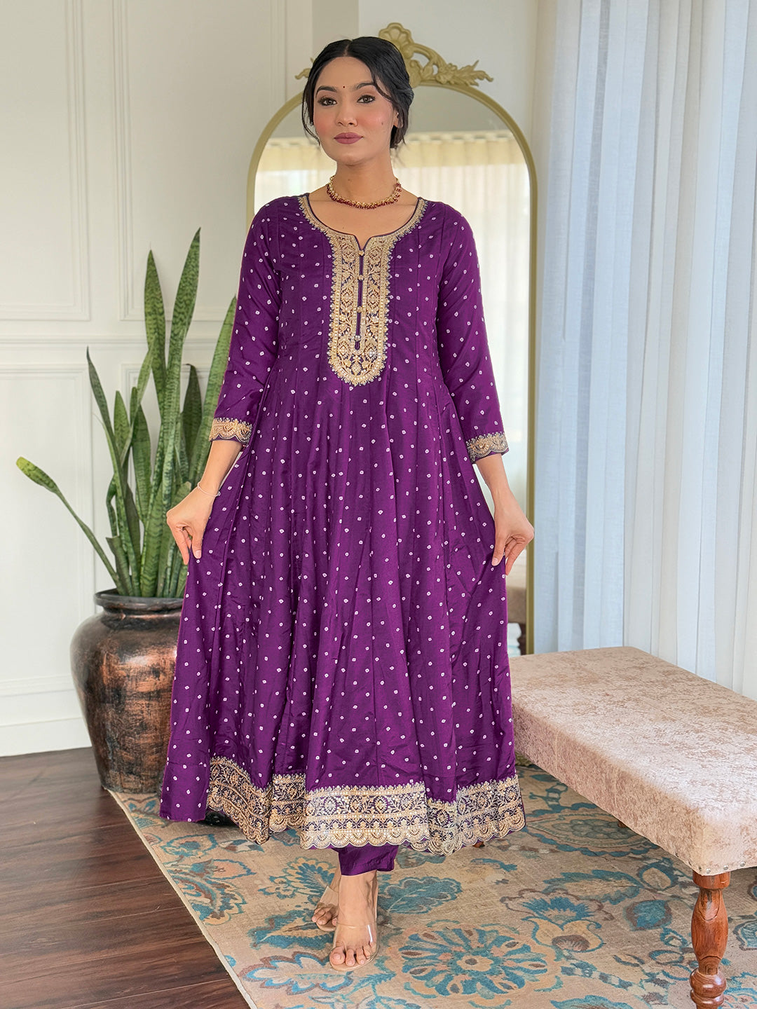 Purple Vichitra Silk Elegant Kurta Pant Set With Embroidery Work