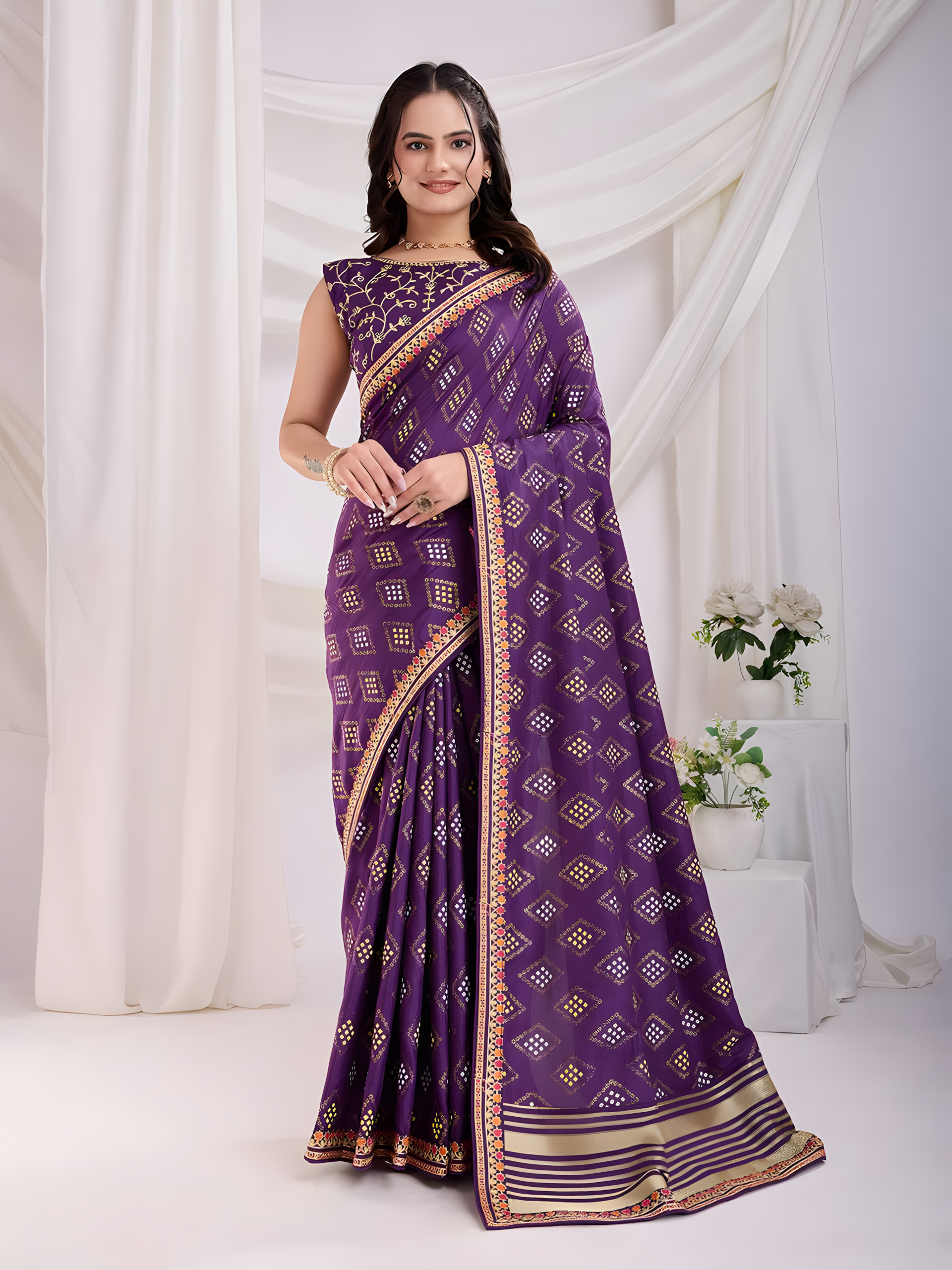 Purple Vichitra silk Saree with Golden Foil bandhani print with embroidery work lace