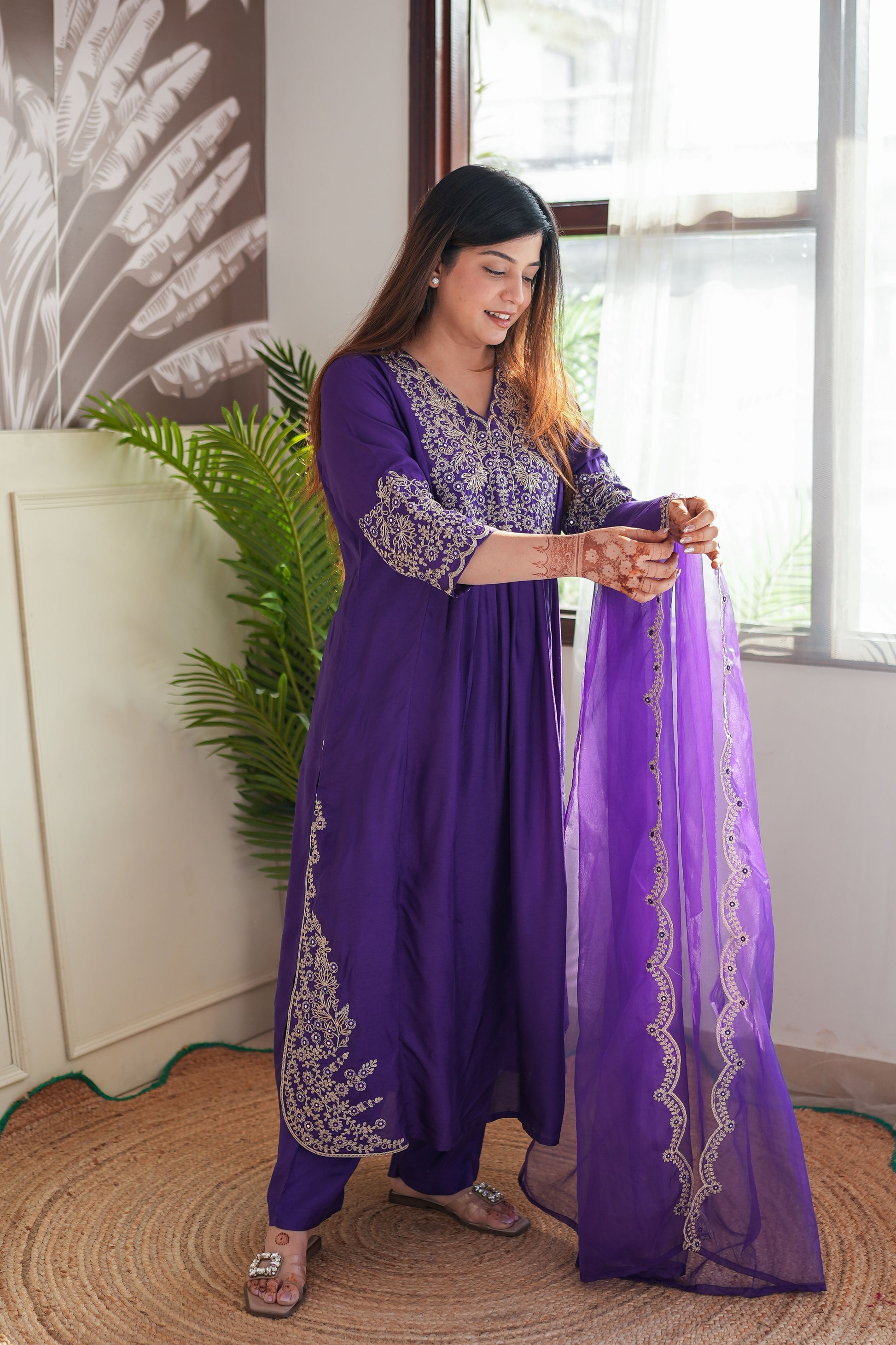 Purple Viscose Chanderi Kurta Pant Set With Embroidery Work