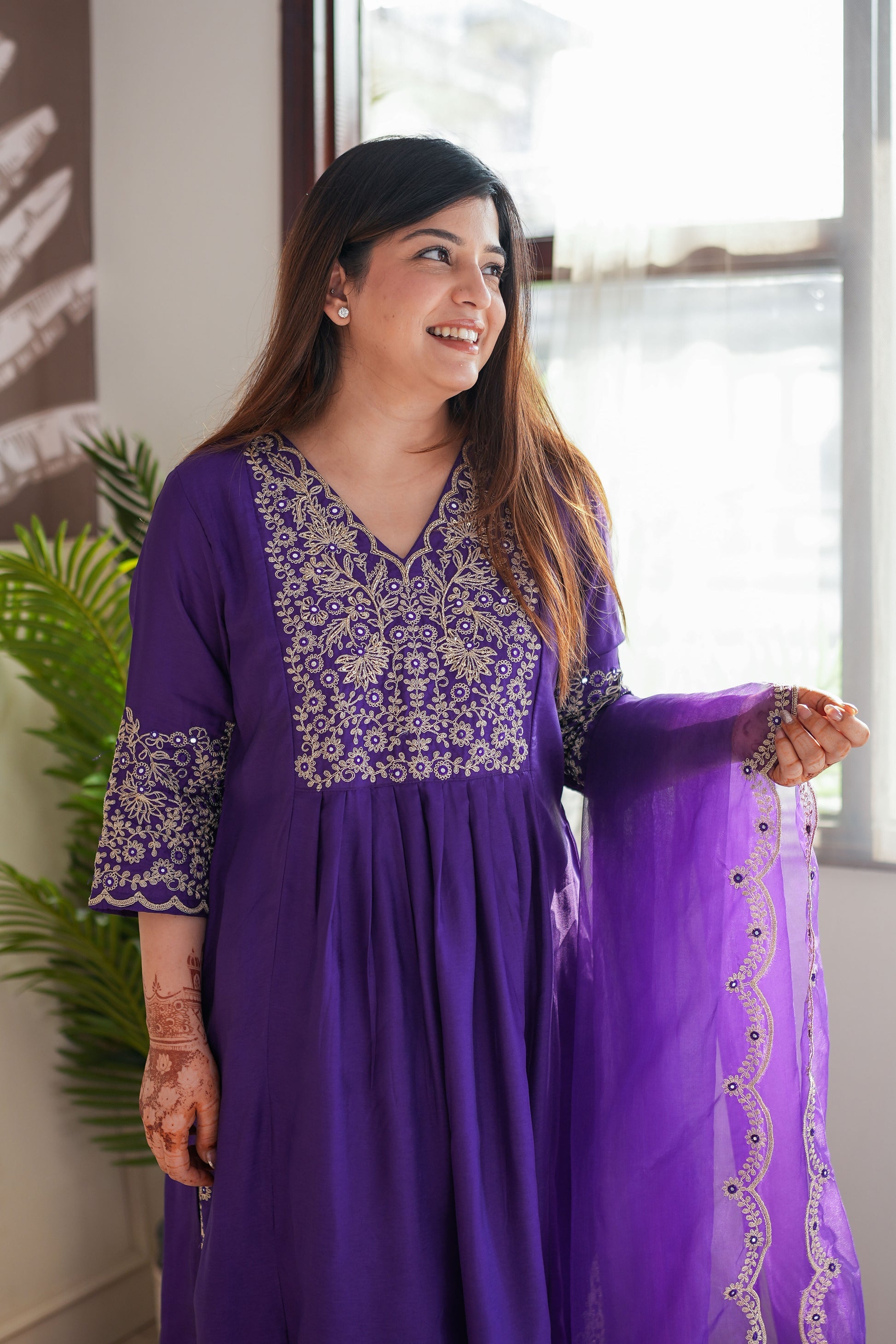 Purple Viscose Chanderi Kurta Pant Set With Embroidery Work