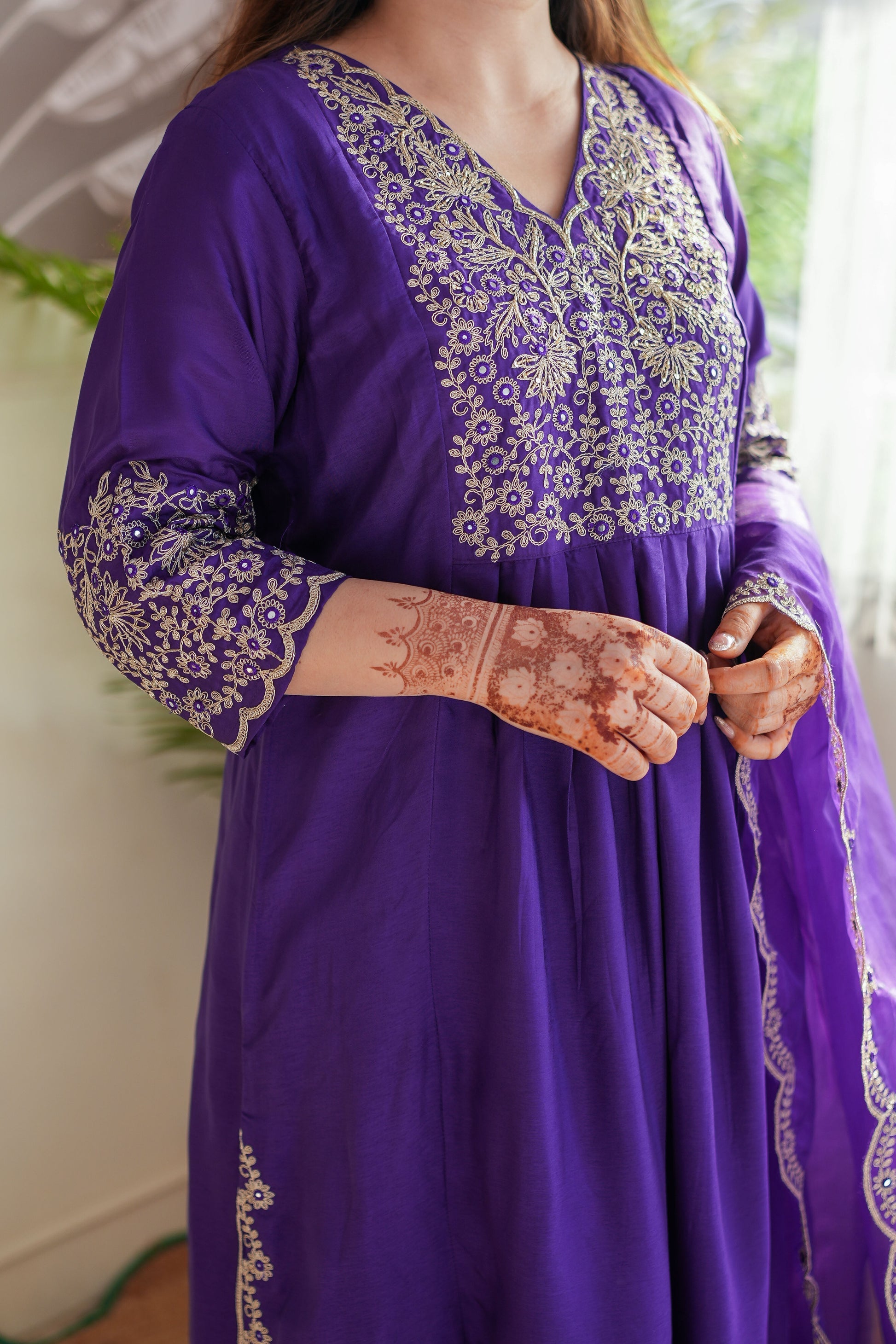 Purple Viscose Chanderi Kurta Pant Set With Embroidery Work