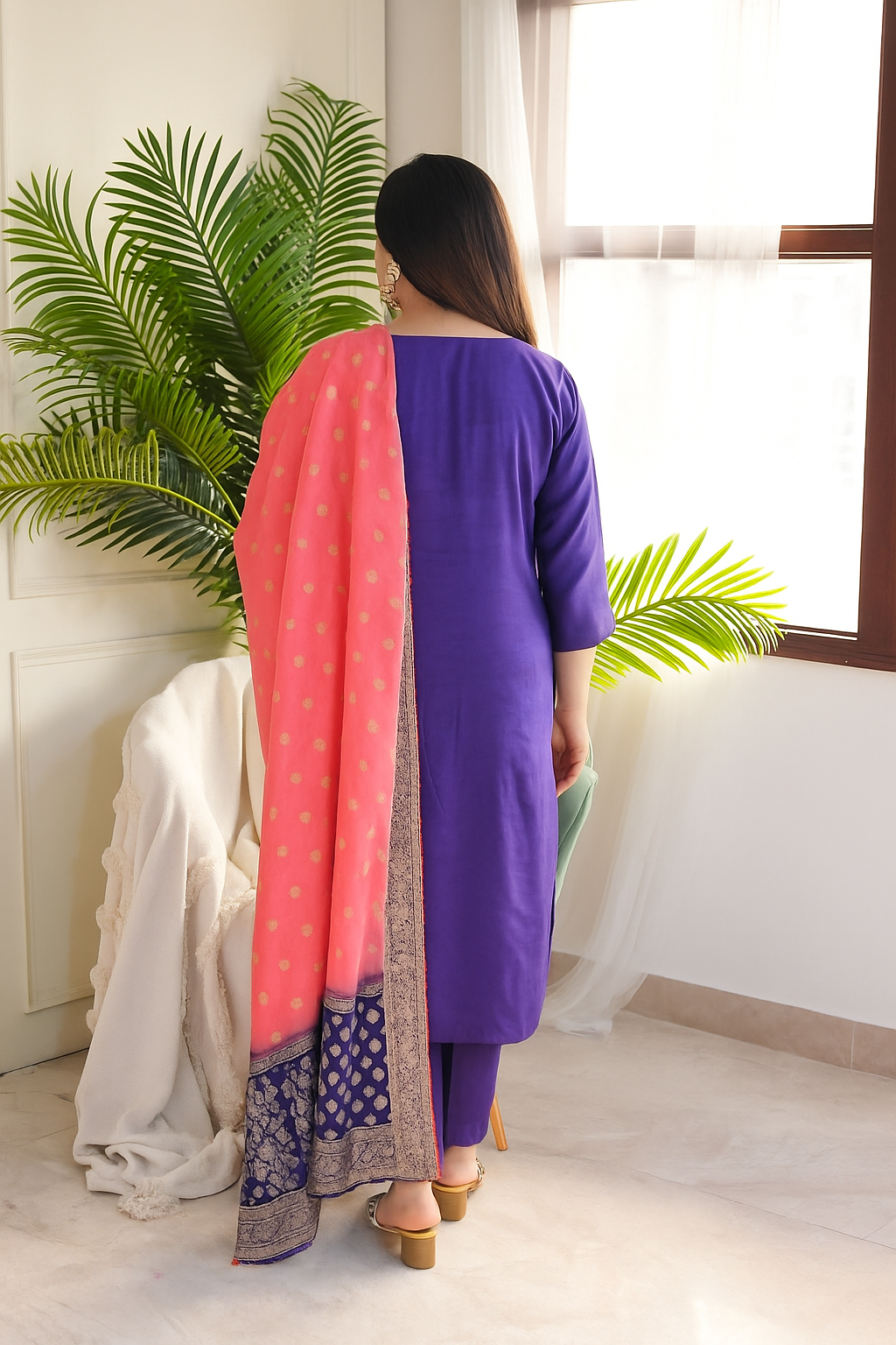 Purple Viscose Chanderi Kurta Pant Set With Heavy Thread Embroidery Work With Jacquard Dupatta