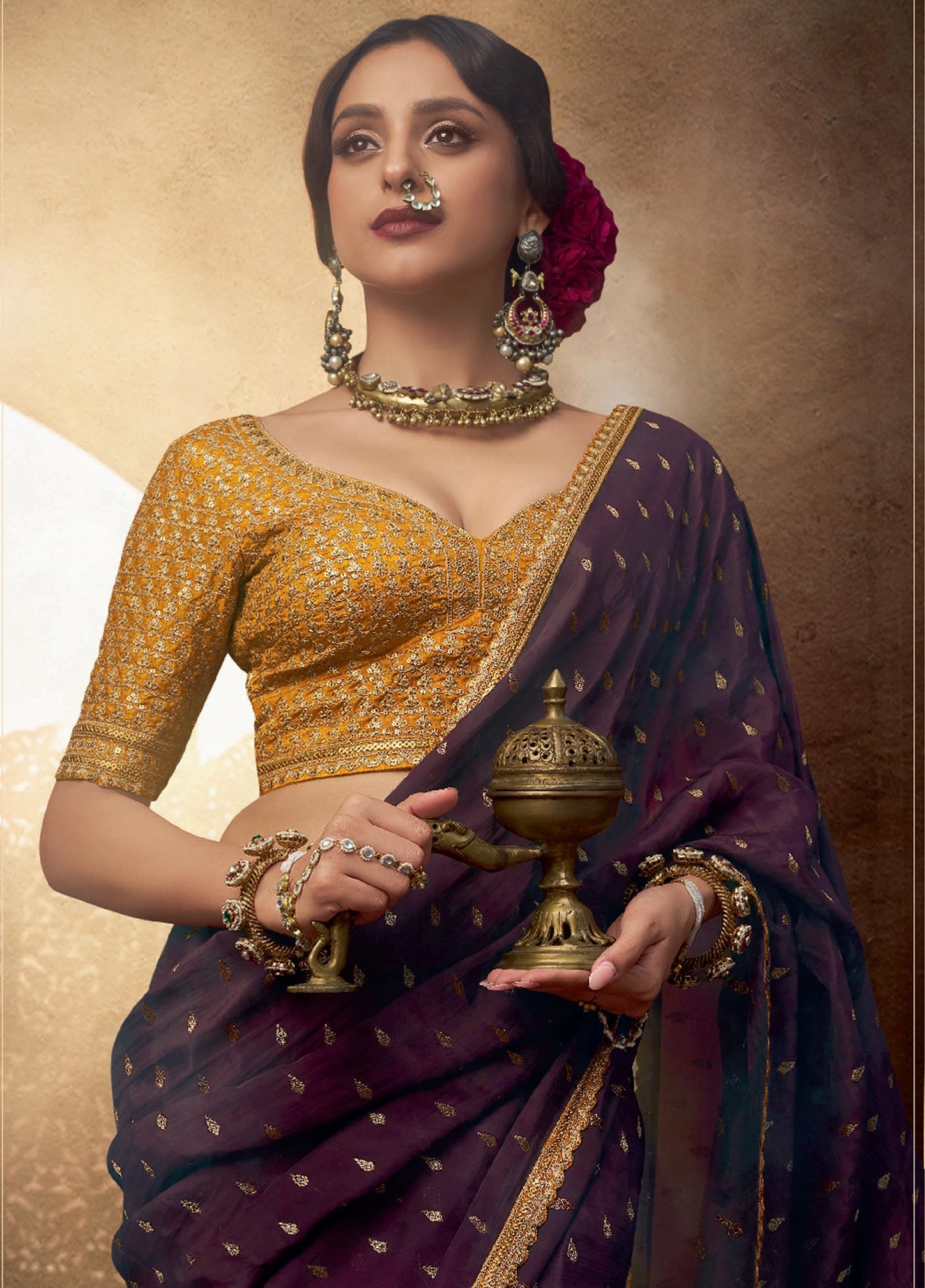 Purple Viscose Crepe Saree with Butti Weaving and Embroidered Blouse