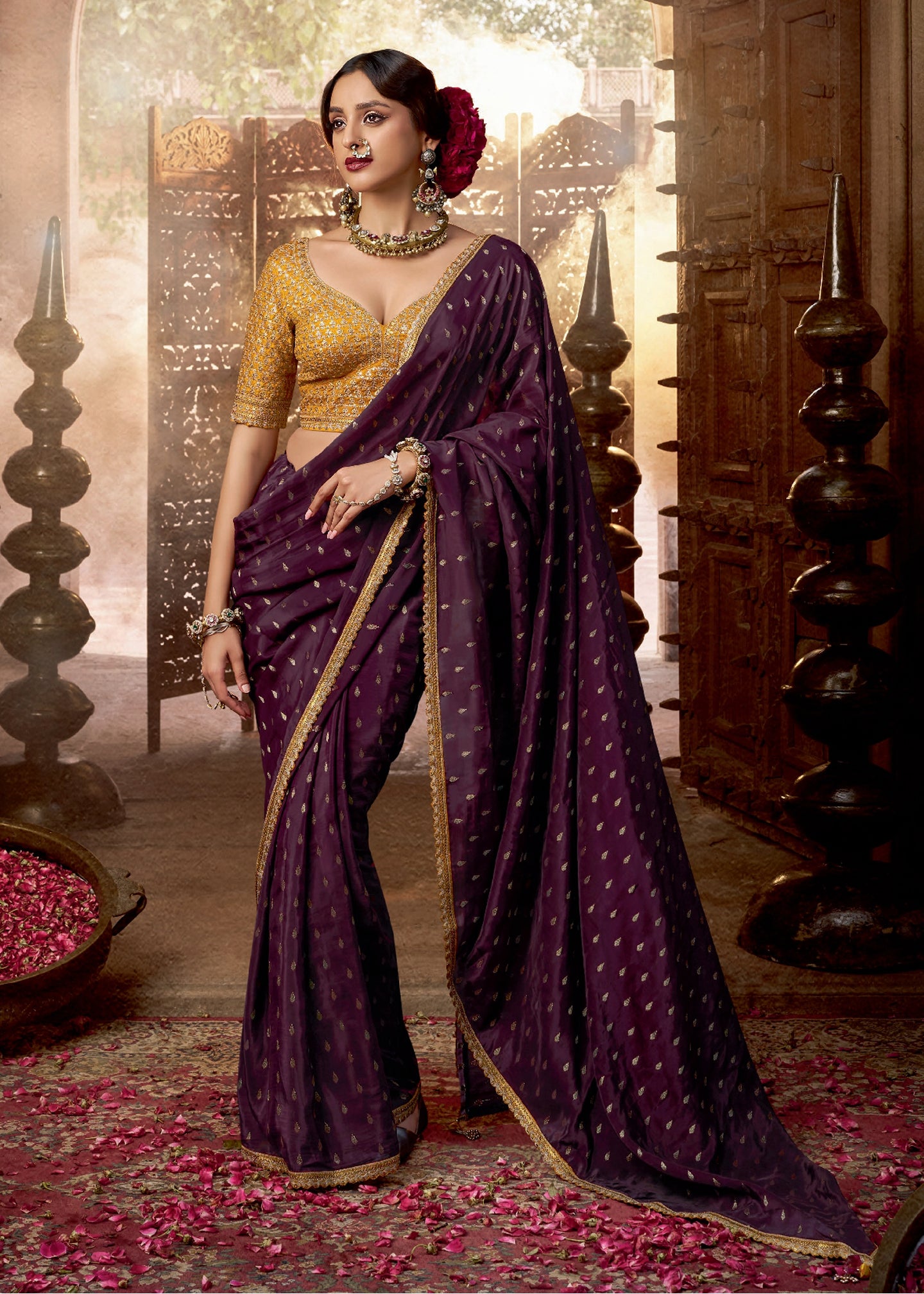 Purple Viscose Crepe Saree with Butti Weaving and Embroidered Blouse