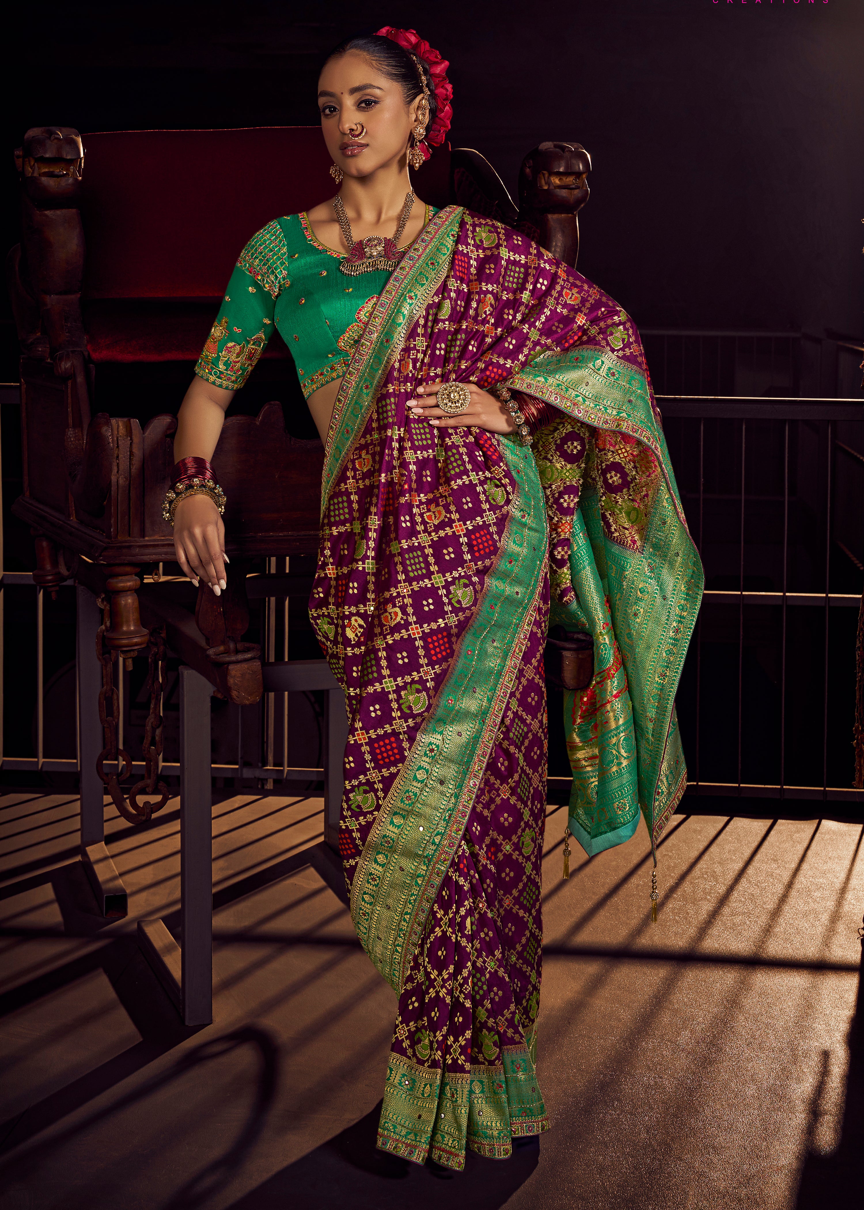 Purple Viscose Dola Saree with Hand Work and Embroidered Blouse