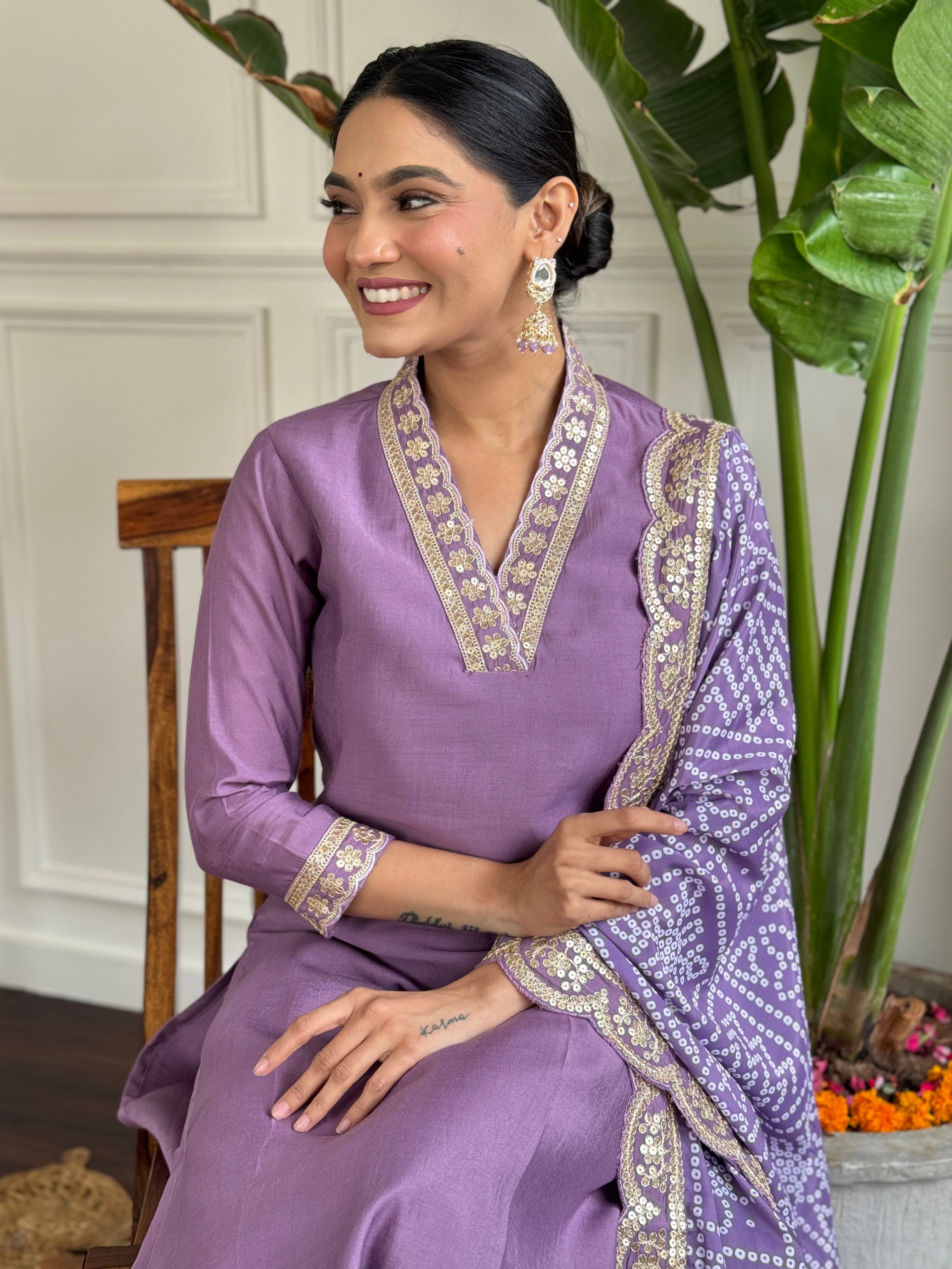 Purple Viscose Silk Elegant Kurta Pant Set With Embroidery Work
