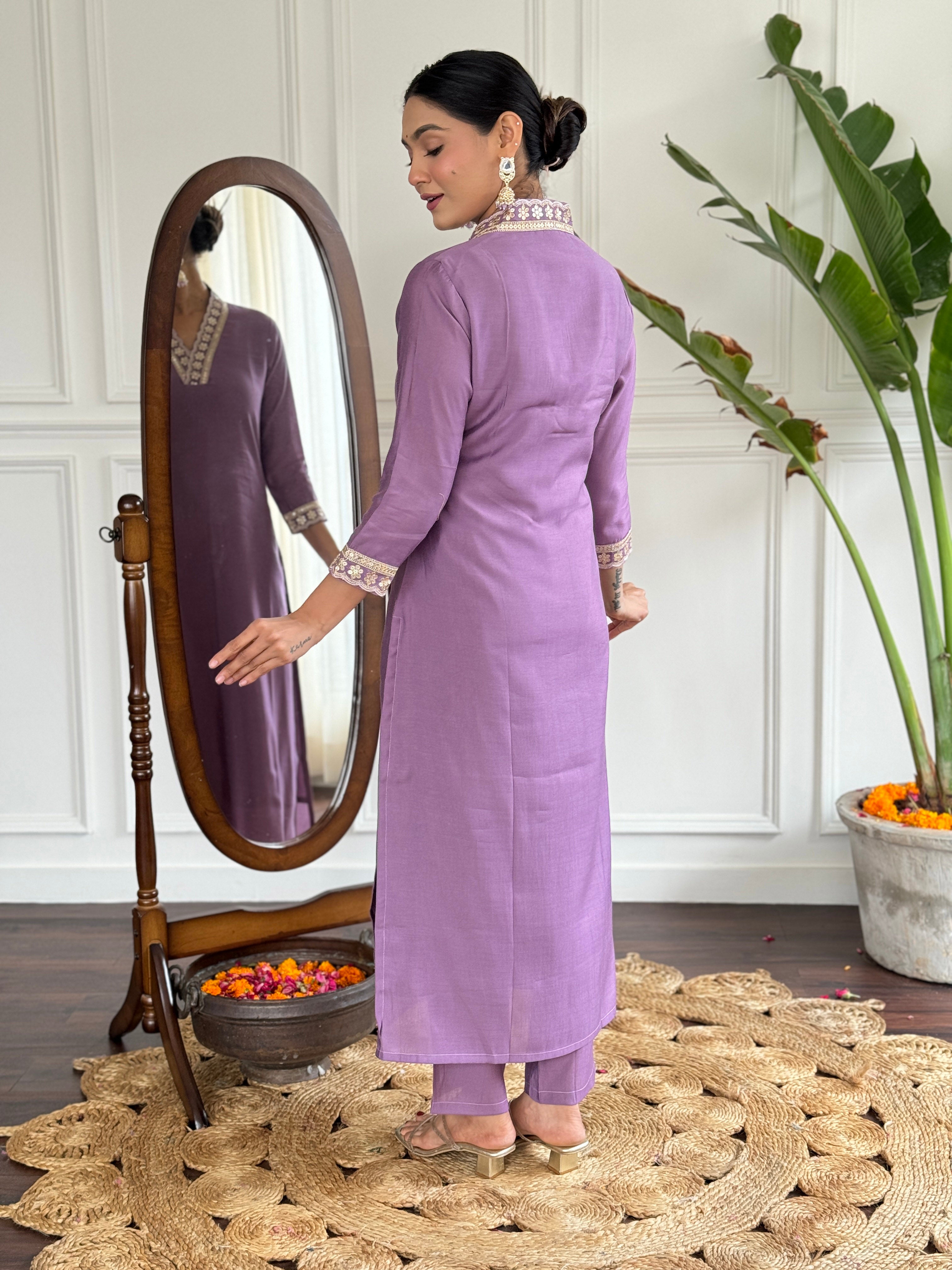 Purple Viscose Silk Elegant Kurta Pant Set With Embroidery Work