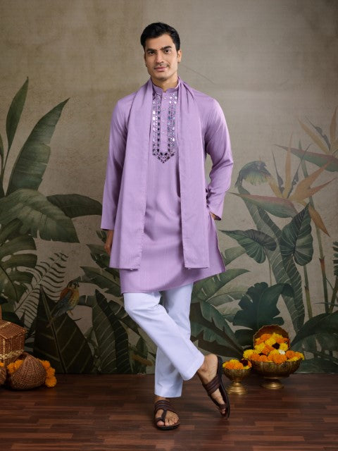 Purple Viscose Silk Woven & Mirror Embroidery Kurta with Dupatta