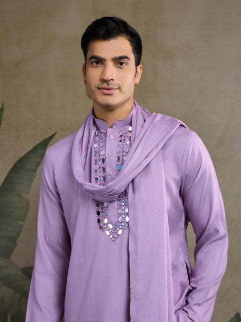 Purple Viscose Silk Woven & Mirror Embroidery Kurta with Dupatta