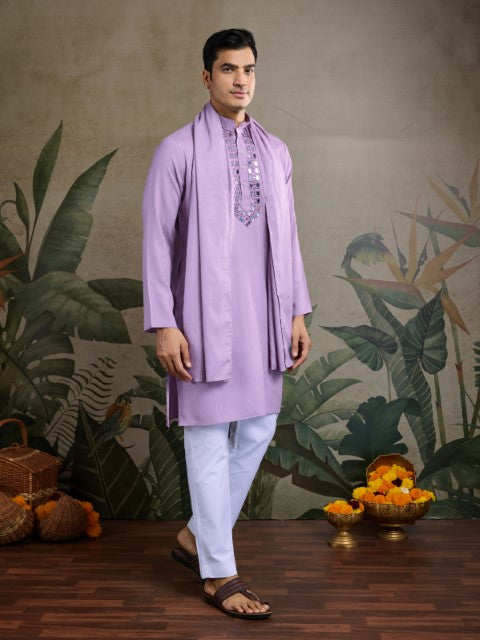 Purple Viscose Silk Woven & Mirror Embroidery Kurta with Dupatta