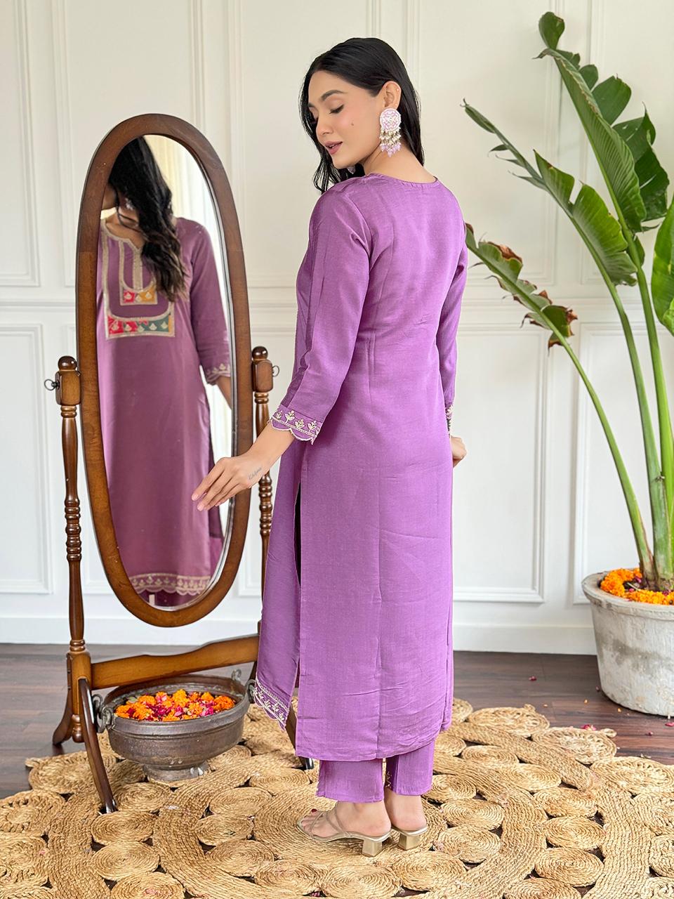 Purple Viscose Slub Kurta Pant With Embroidery Work And Printed Dupatta