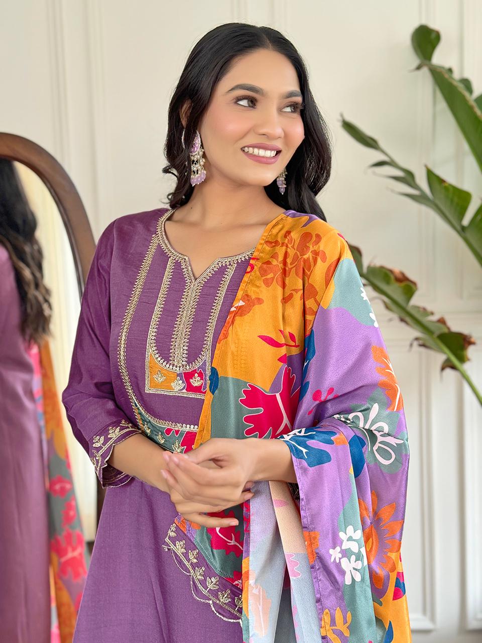 Purple Viscose Slub Kurta Pant With Embroidery Work And Printed Dupatta