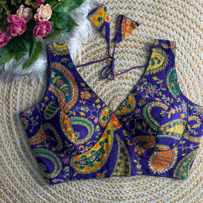 Purple Womens Designer Heavy Work Saree Blouse Pure Crepe Partywear Readymade Blouse
