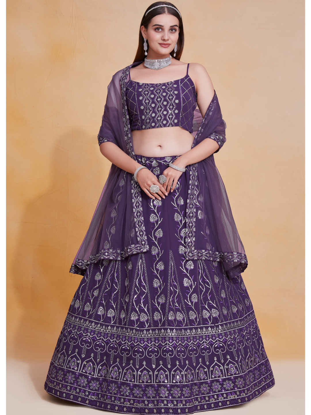 Purple Zari Sequence Embroidery Work Georgette Lehenga Choli