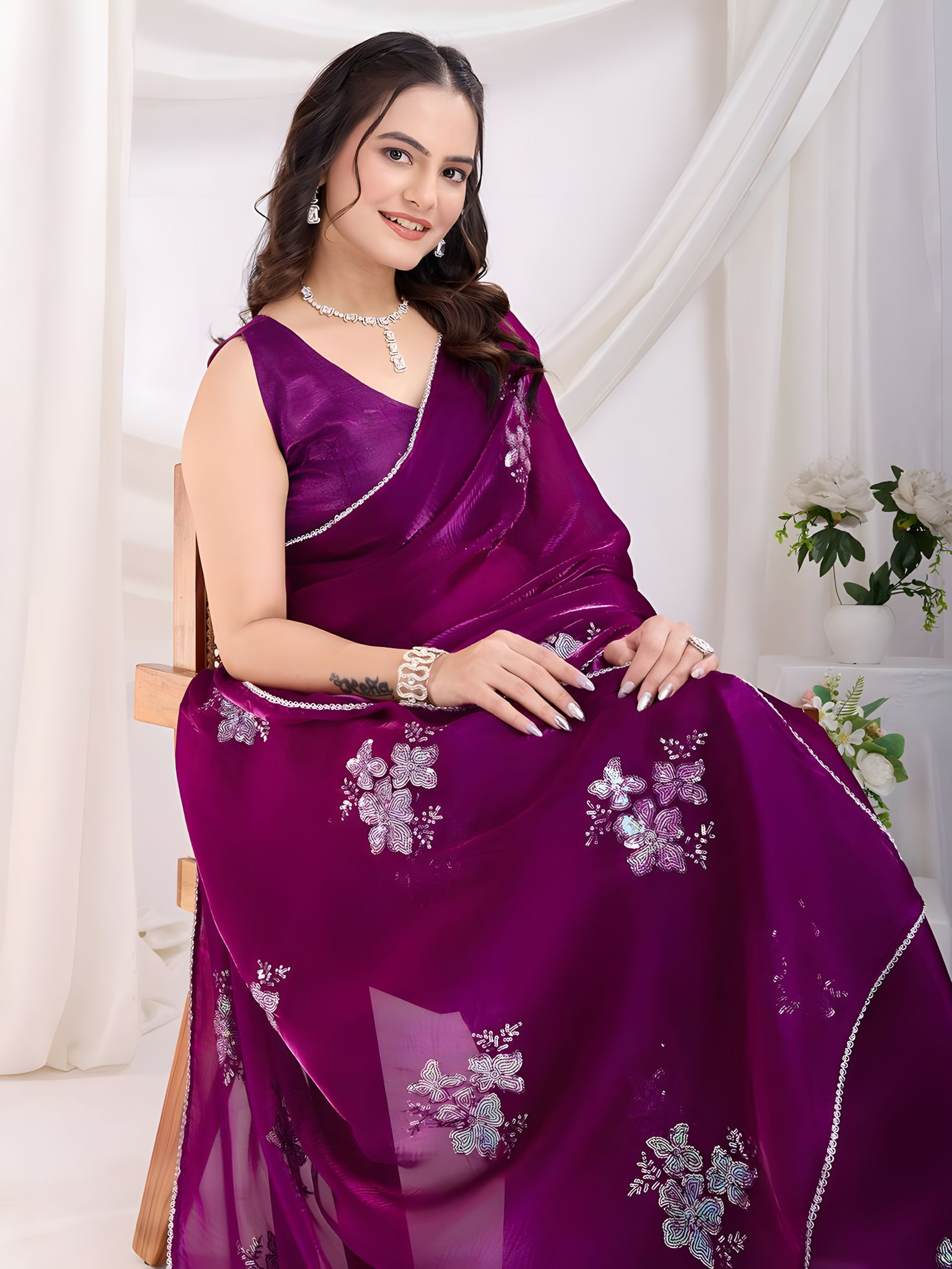 Purple Zimmy chu Saree with C-Pallu multi Embroidery with sequins Work