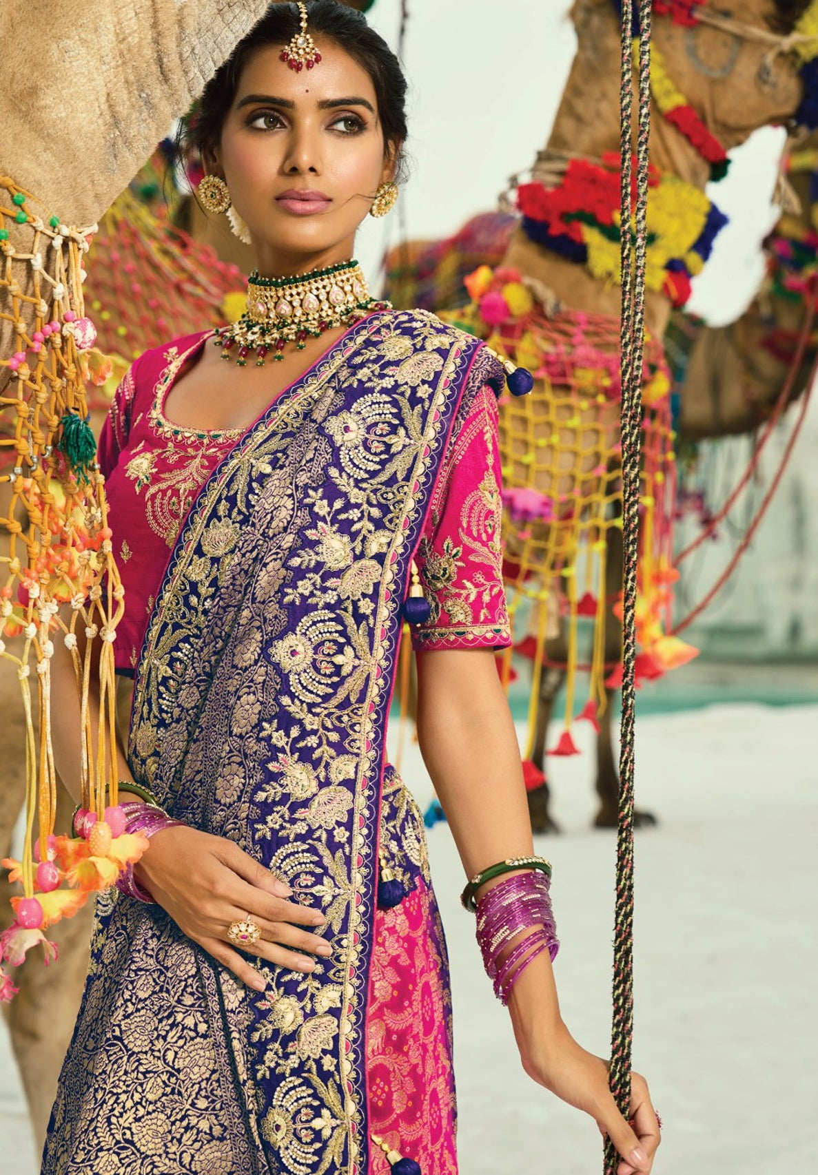 Purple, Rani & Orange Bandhej Saree with Heavy Hand Work Border With Embroidery Blouse