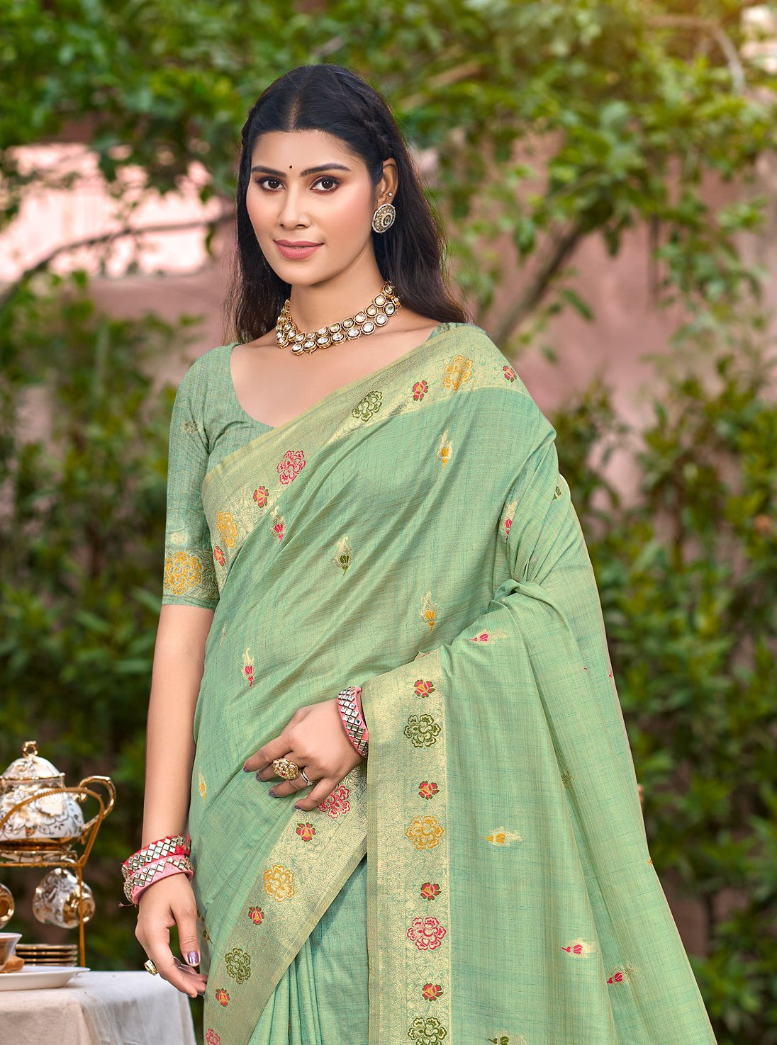 Radiance Sea Green Assam Silk Meenakari Festival Saree