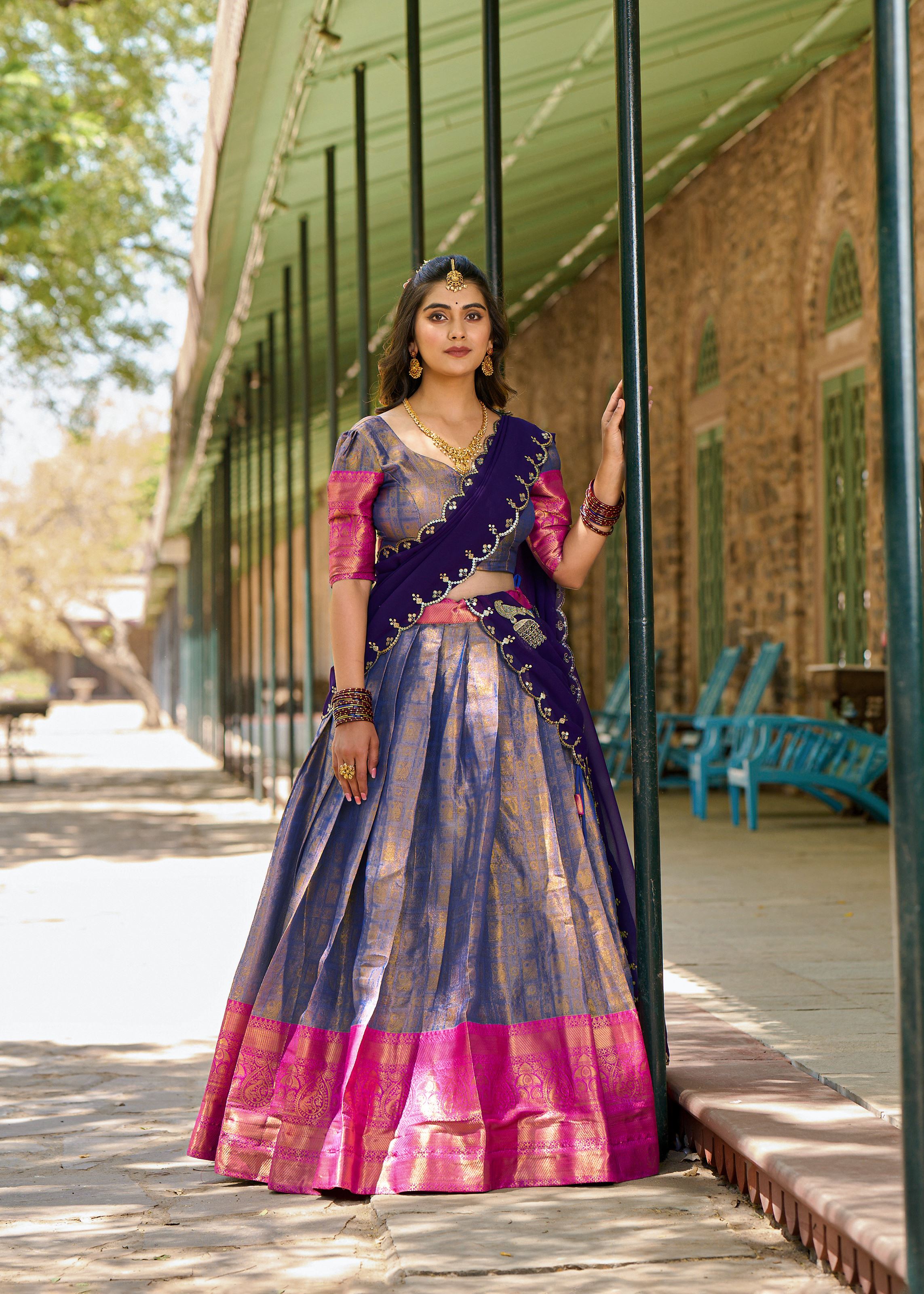 Radiate Grace In Blue Traditional Kanjivaram Lehenga With Timeless Zari Detailing