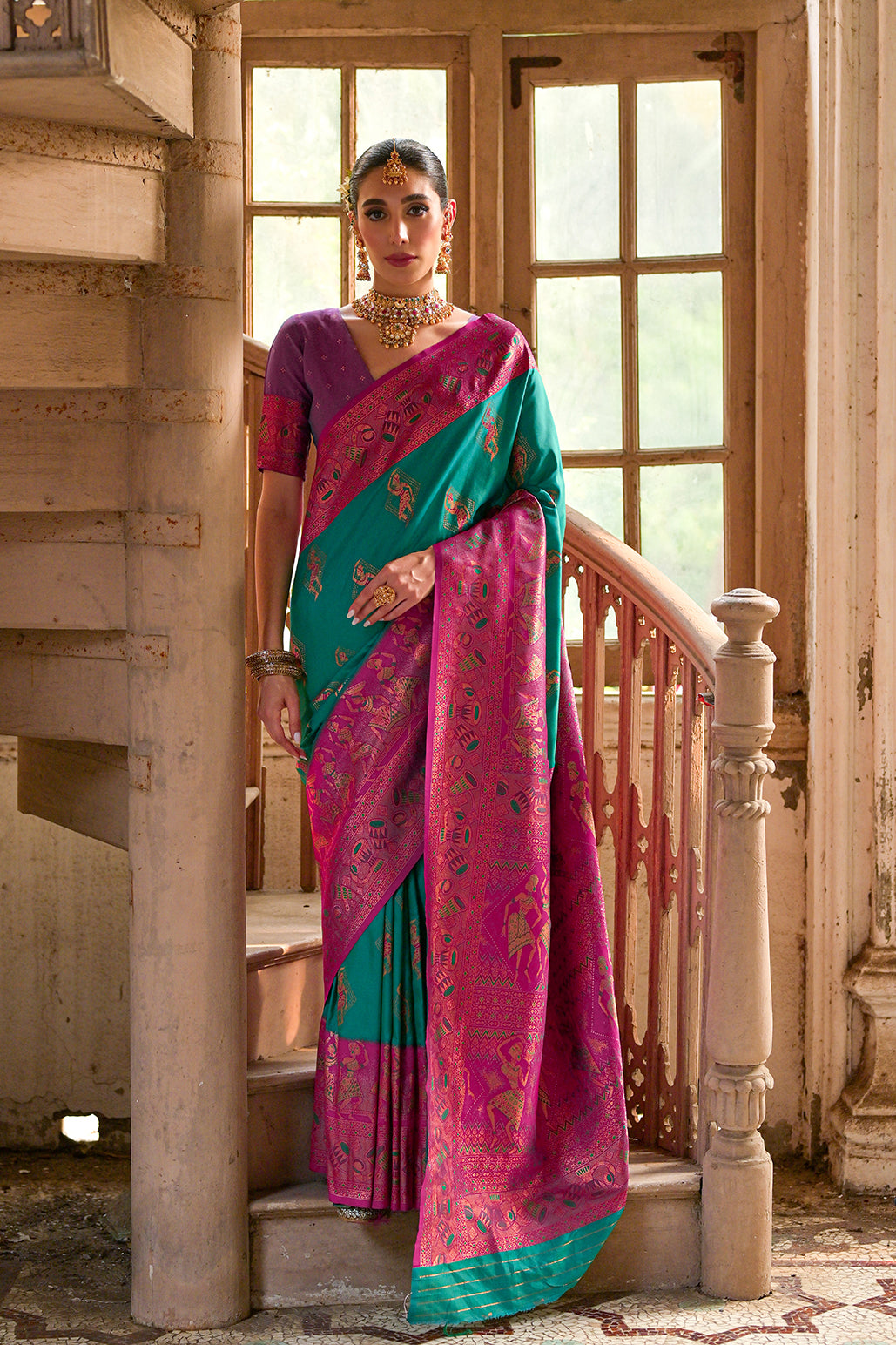 Rama Banarasi Silk Saree with Kalamkari Zari Design