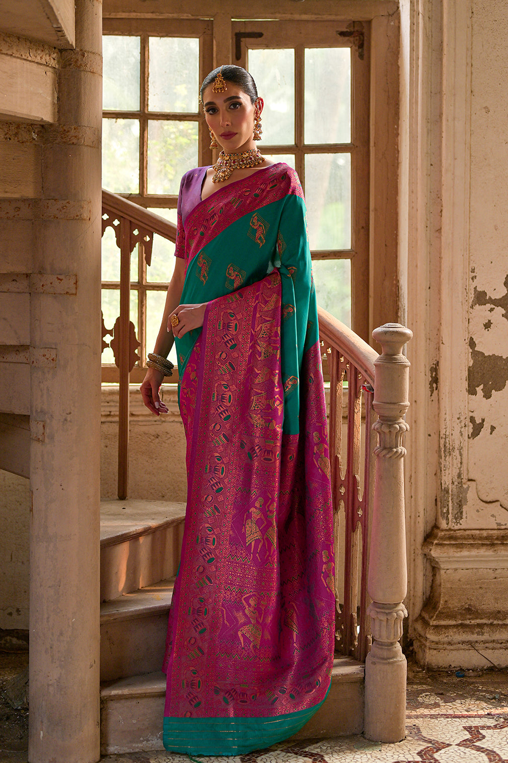 Rama Banarasi Silk Saree with Kalamkari Zari Design