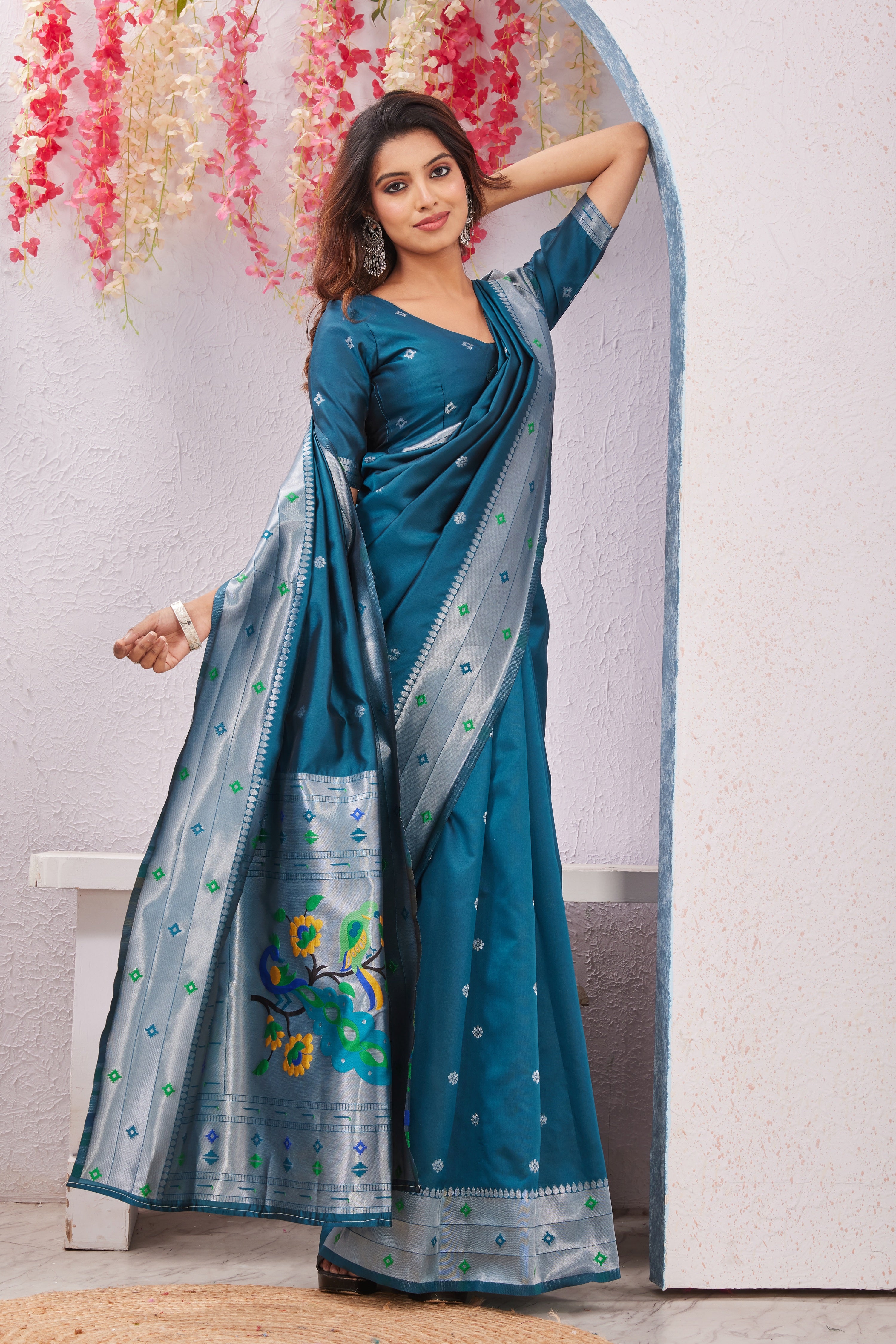 Rama Banarasi Silk Saree with Peacock Motif, Rich Pallu & Jacquard Jari Work