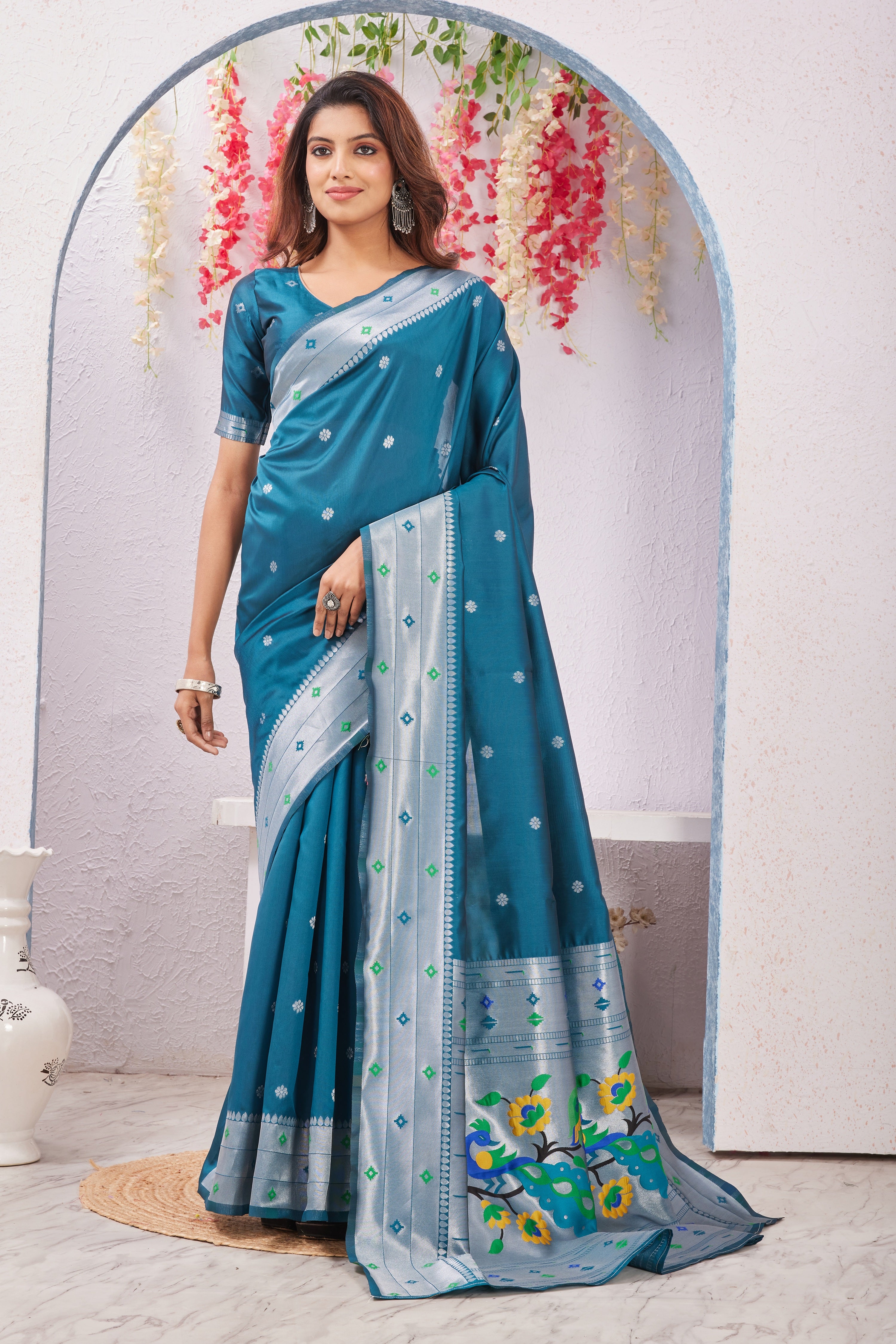 Rama Banarasi Silk Saree with Peacock Motif, Rich Pallu & Jacquard Jari Work