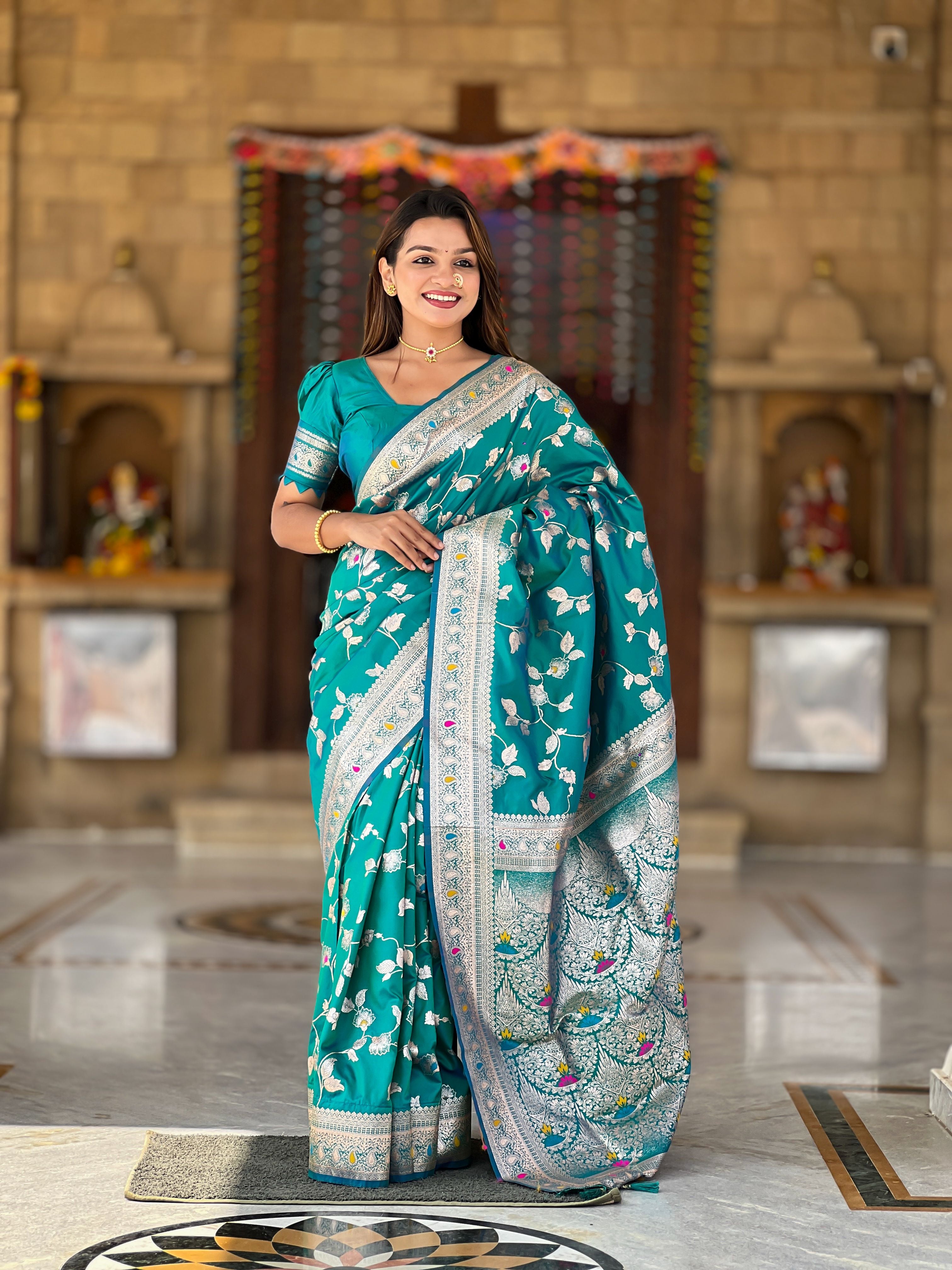 Rama Banarasi Silk Woven Jacquard Designer Ceremonial Partywear Saree