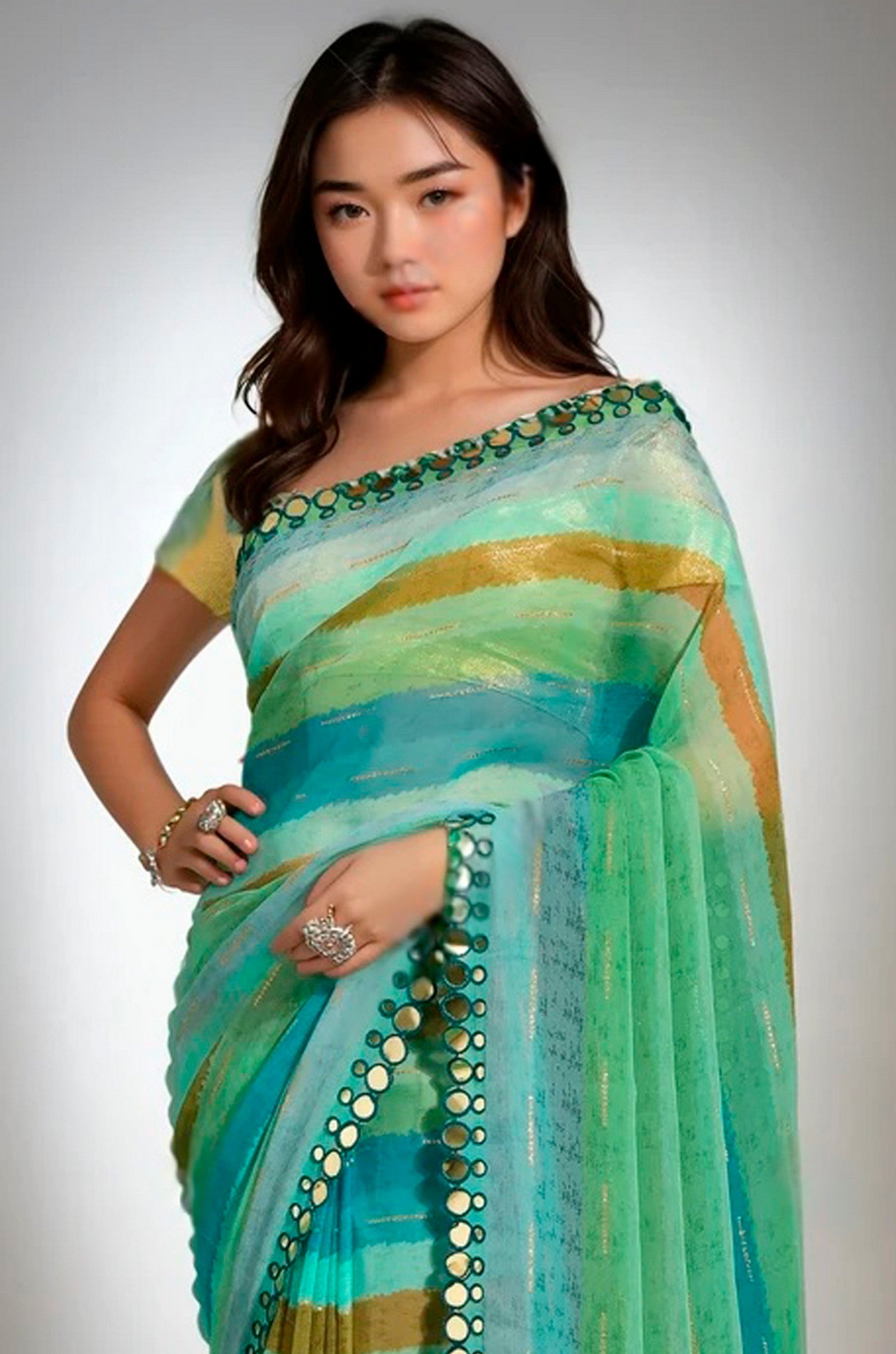 Rama Beautiful Chiffon Designer Lariya Printed With Mirror Cut Work