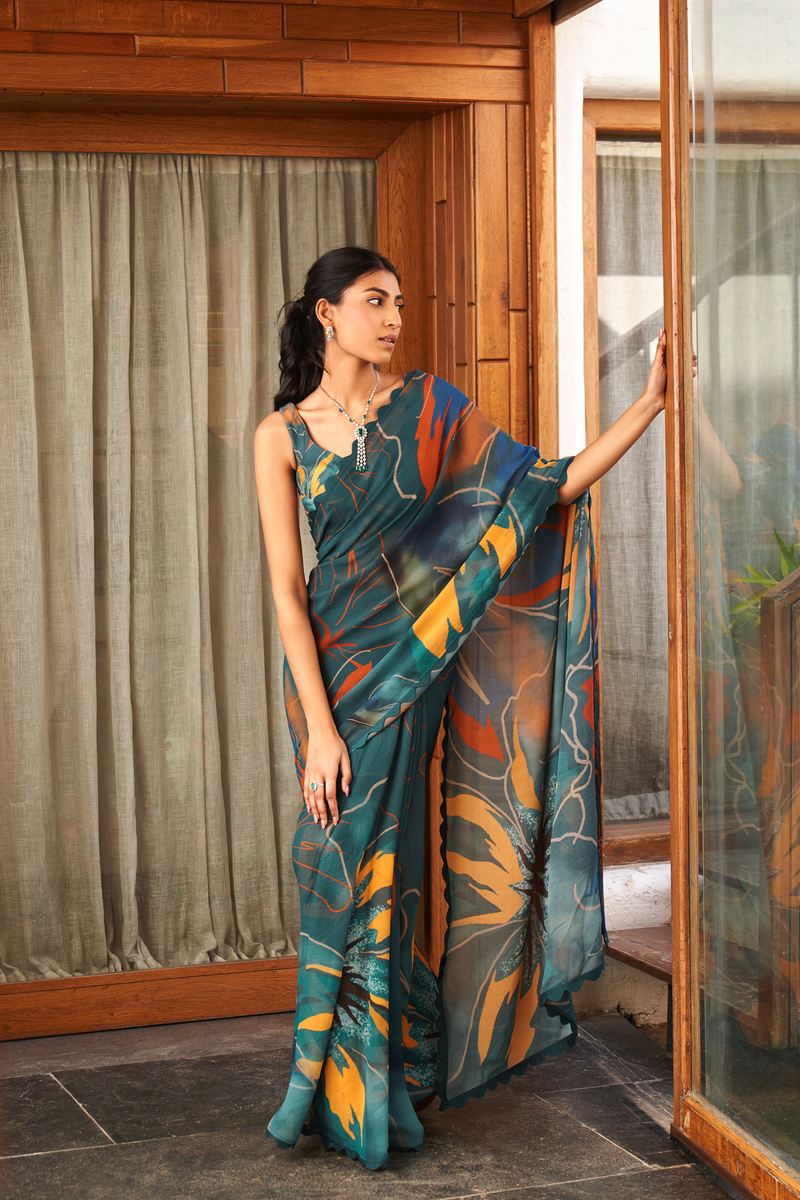 Rama Bright Moss Saree With Printed