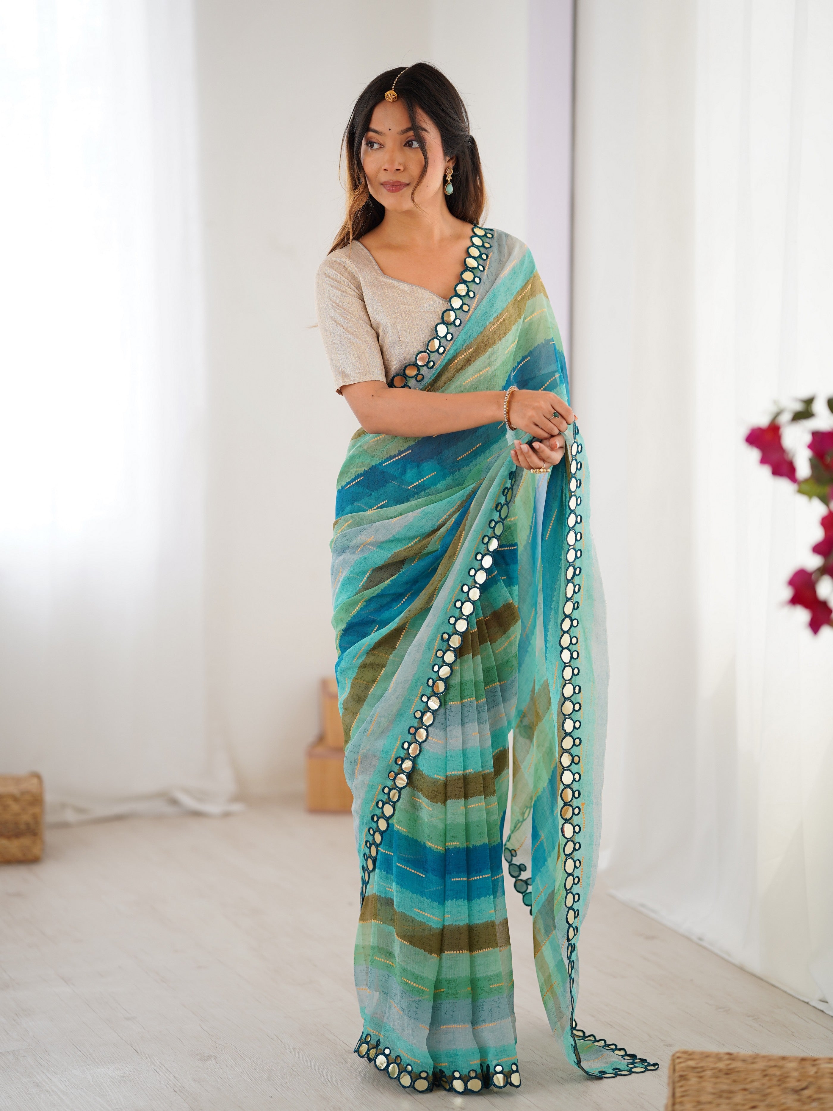 Rama Chiffon Designer Laheriya Printed Saree With Mirror Cut Work