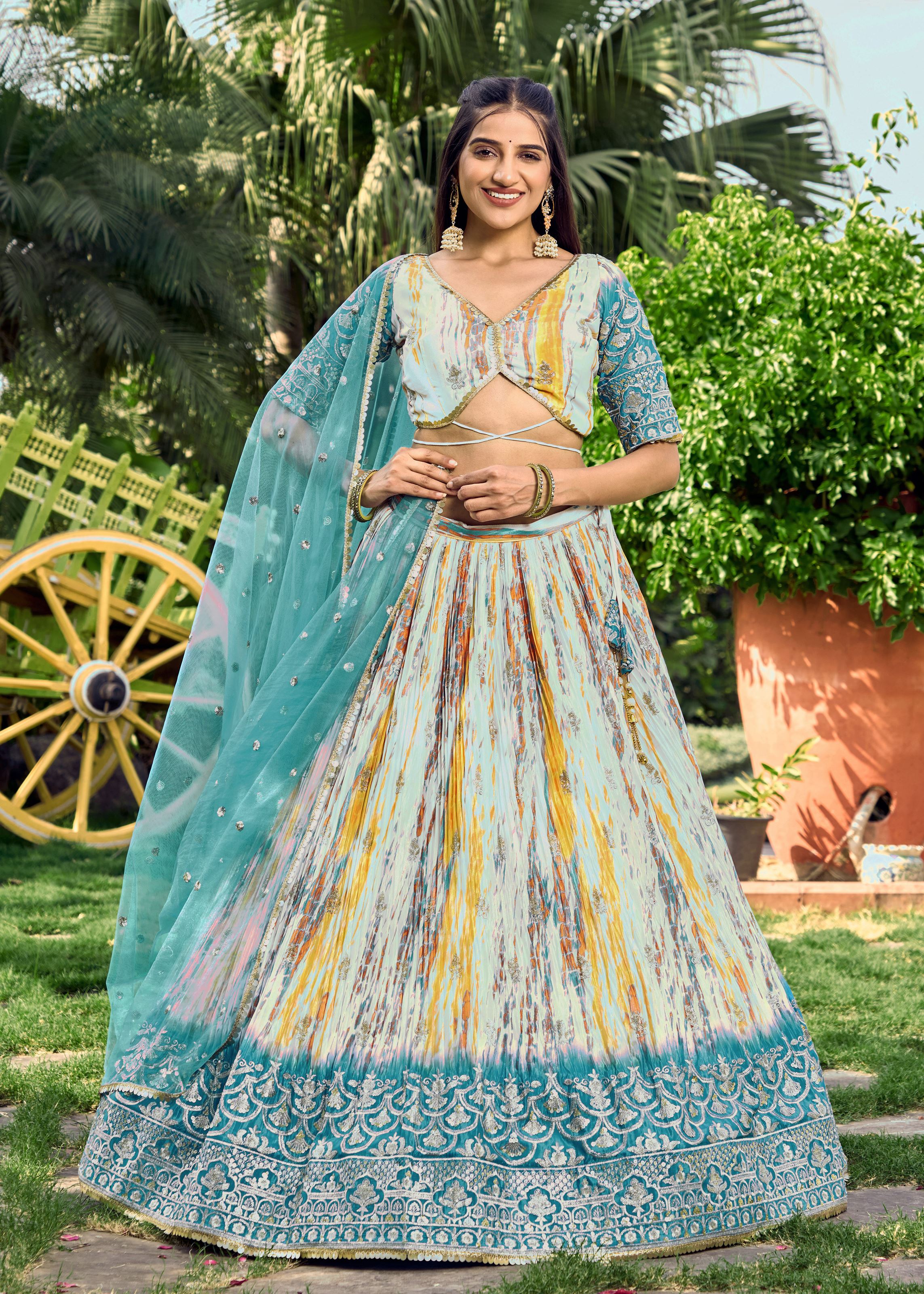 Rama Chinon Lehenga Choli With Sequins, Zari Embroidery Work with Digital Print