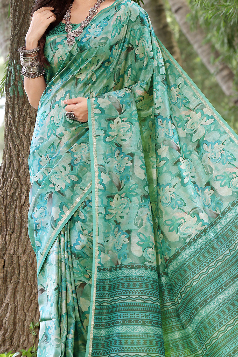 Rama Cotton Silk Saree with Floral Print and Printed Pallu