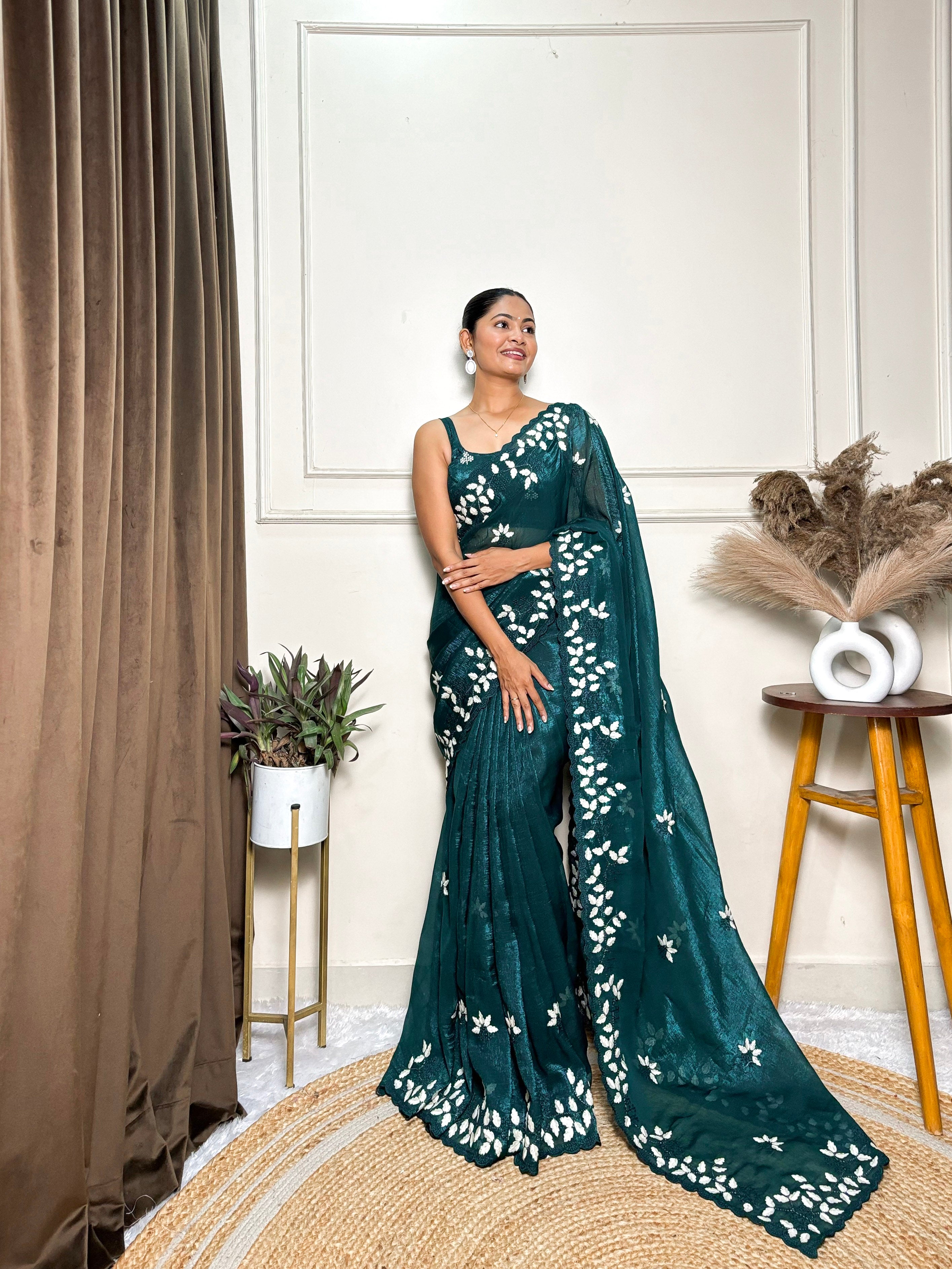 Rama Crunchy Ethnic Beautiful Embroidered Saree