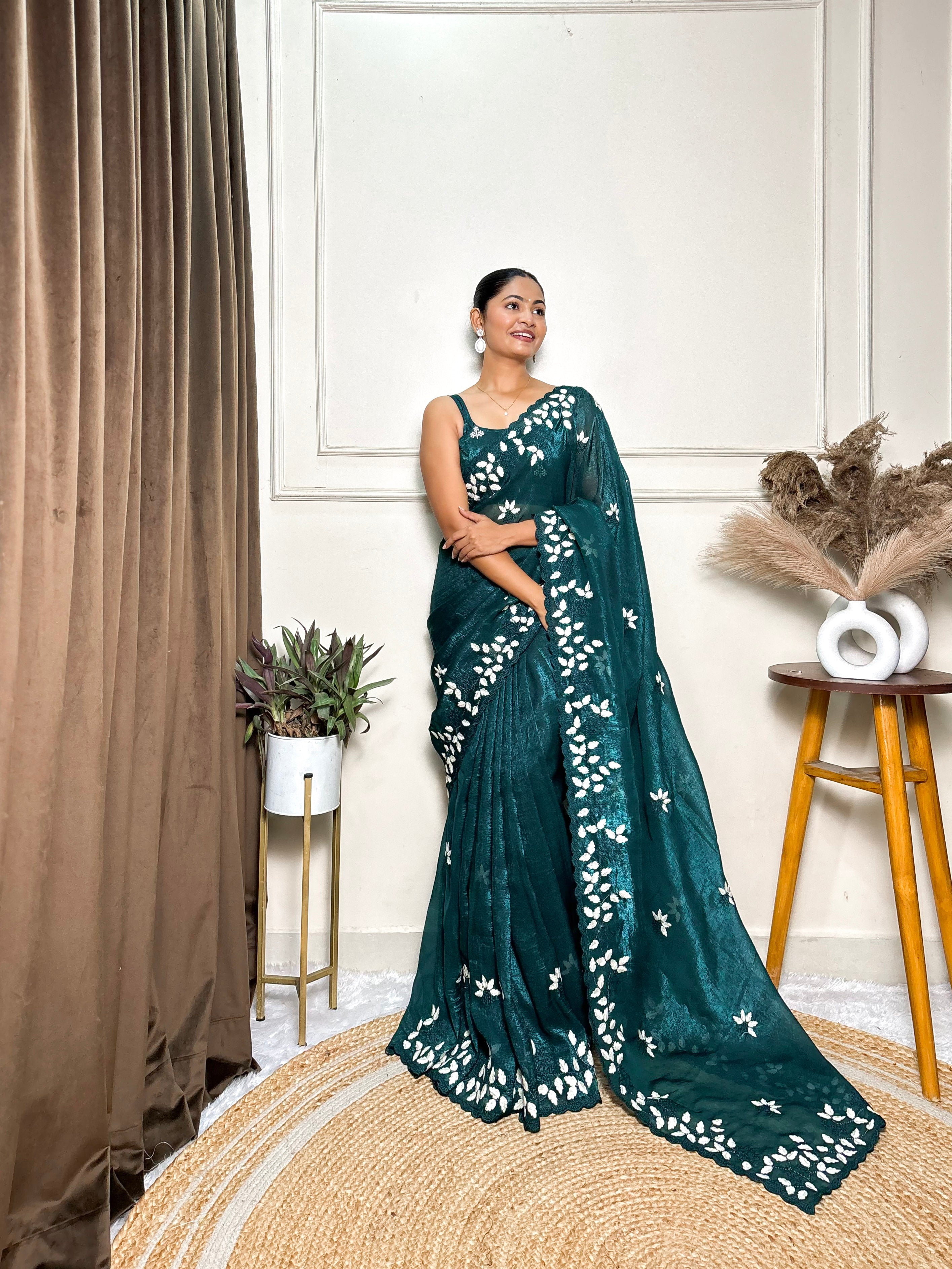 Rama Crunchy Ethnic Beautiful Embroidered Saree